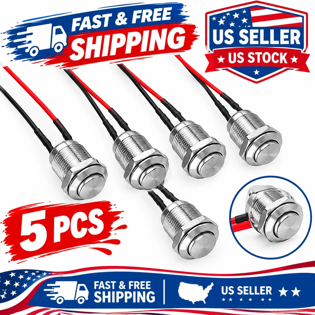 5-Pcs 12 mm Momentary Push Button Switch Waterproof Push Button Switch Round
