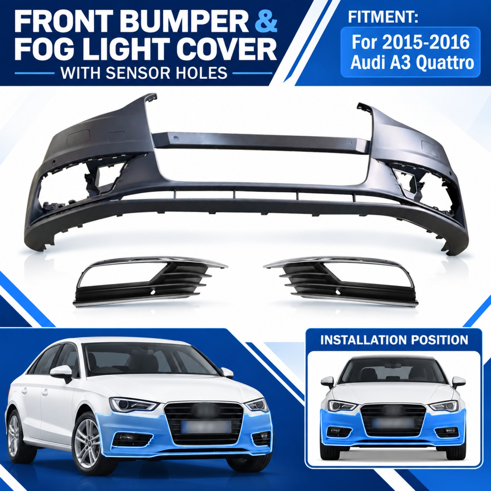 For 2015-2016 Audi A3 Quattro Front Bumper&Fog Light Cover With Sensor Holes