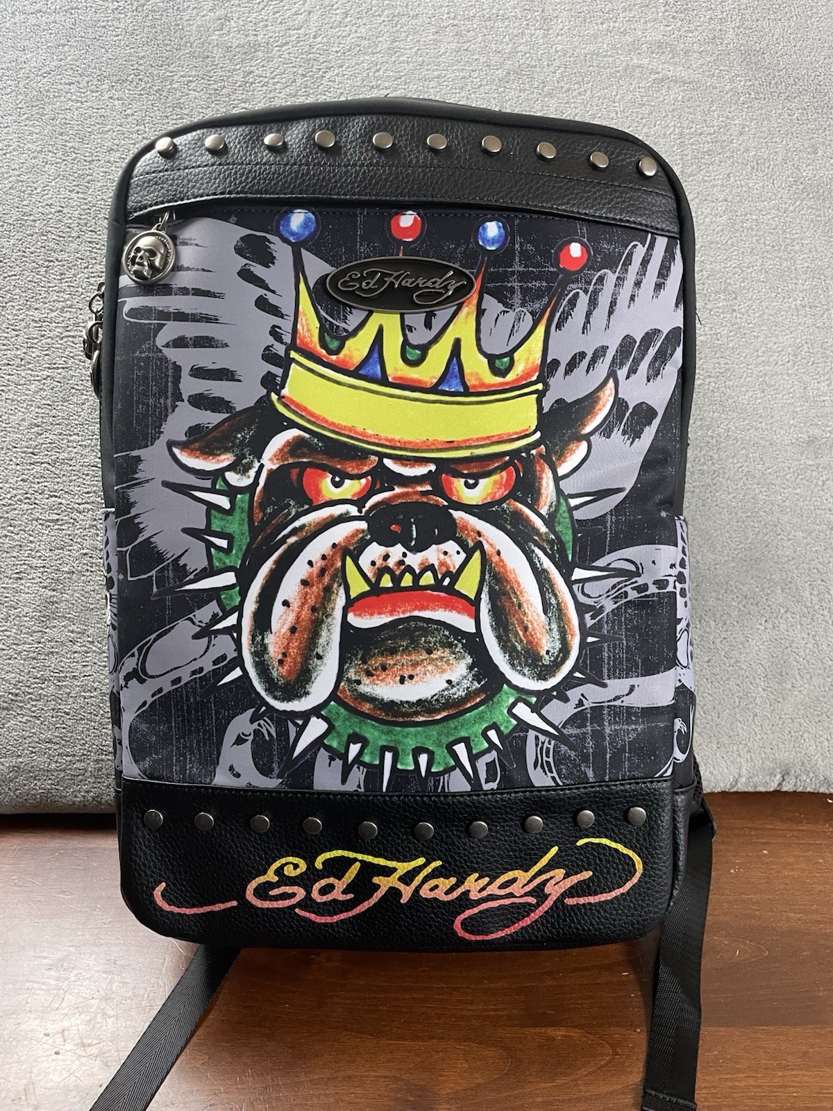 Ed Hardy Backpack Bag Studded Skull Tattoo Art Black NWT Y2K Style Bulldog