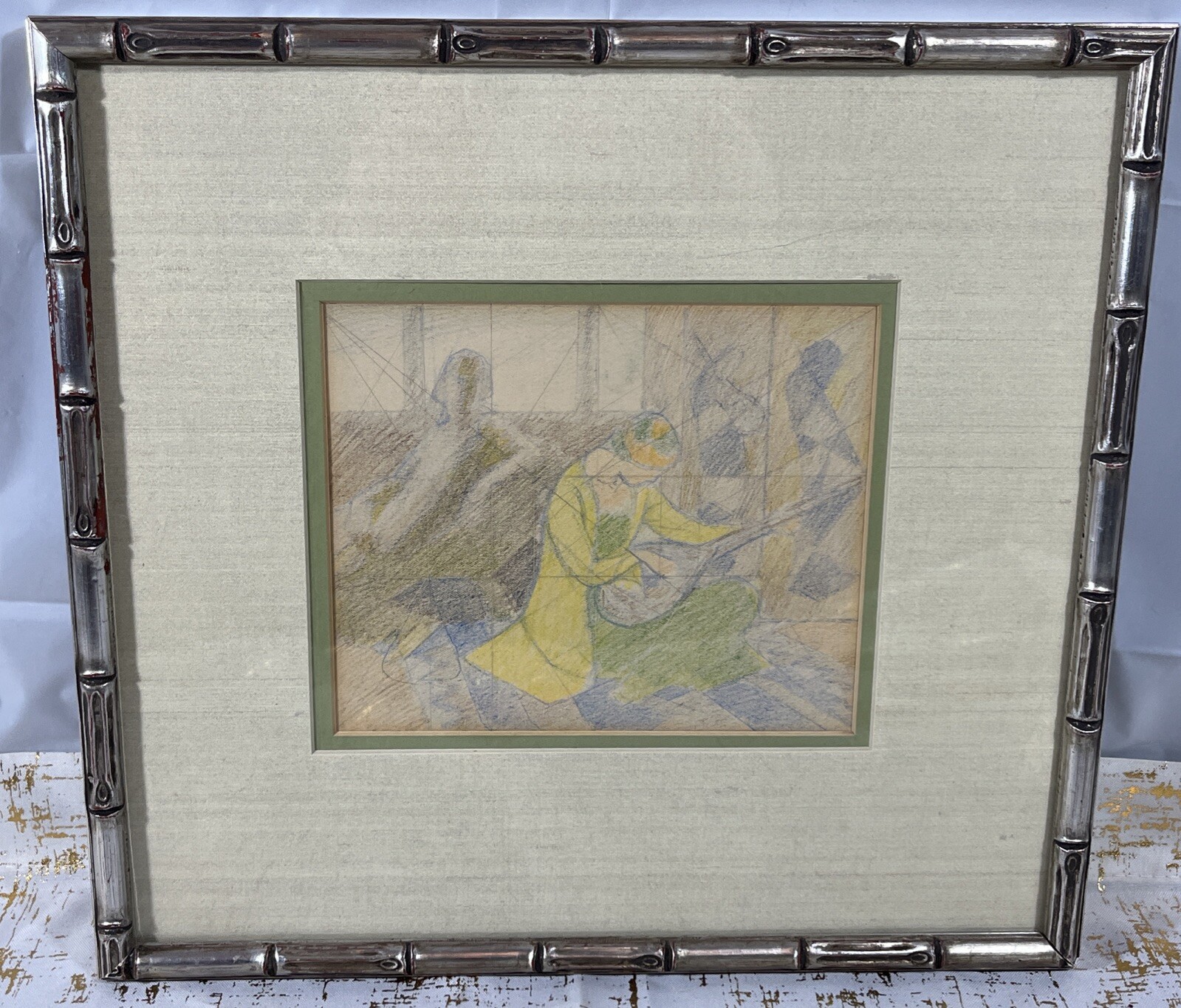 Antique Frederic Victor Poole Framed Drawing Musicians 14”x13” VTG