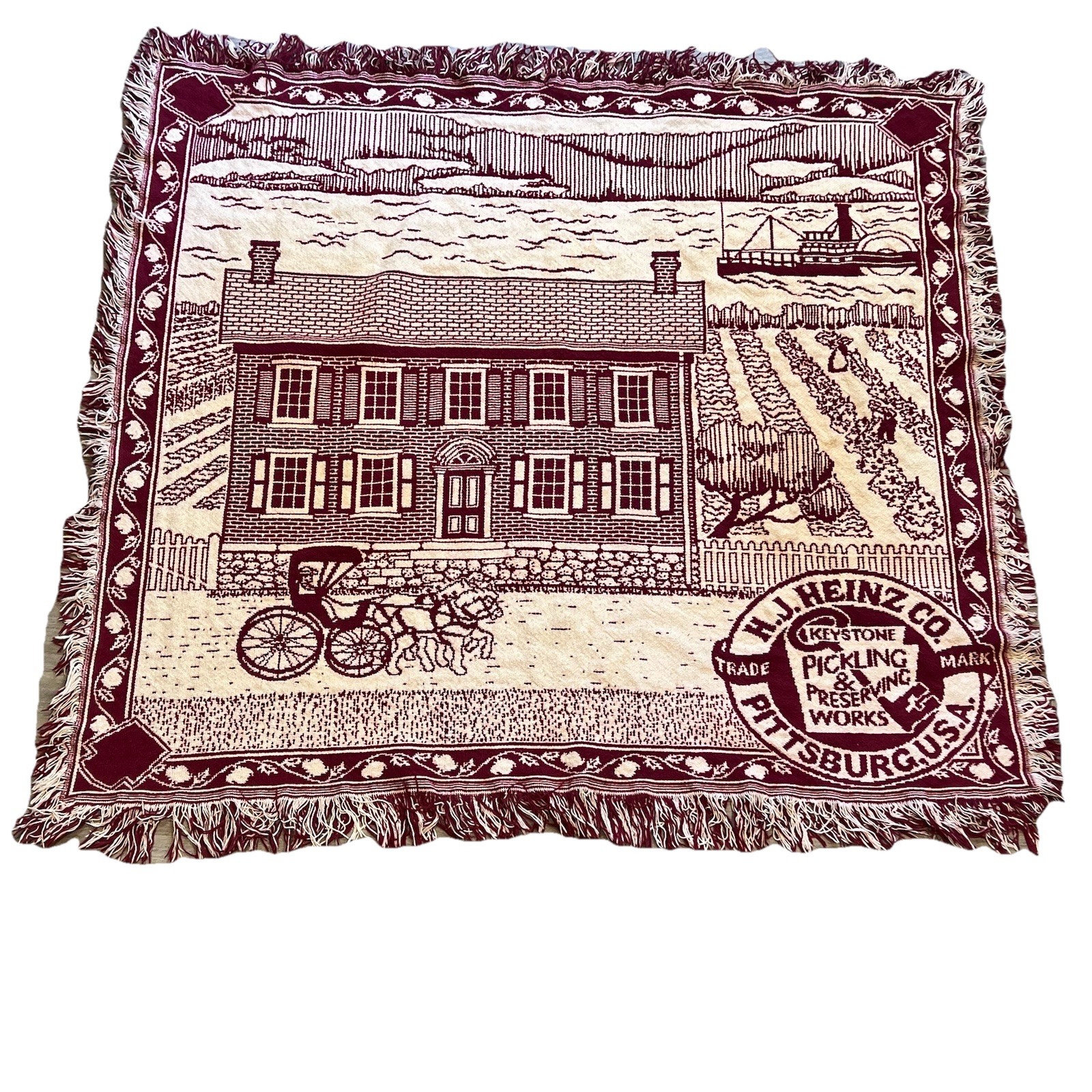 Vintage H.J. Heinz Co Woven Blanket Throw Pittsburgh PA Americana Fringe