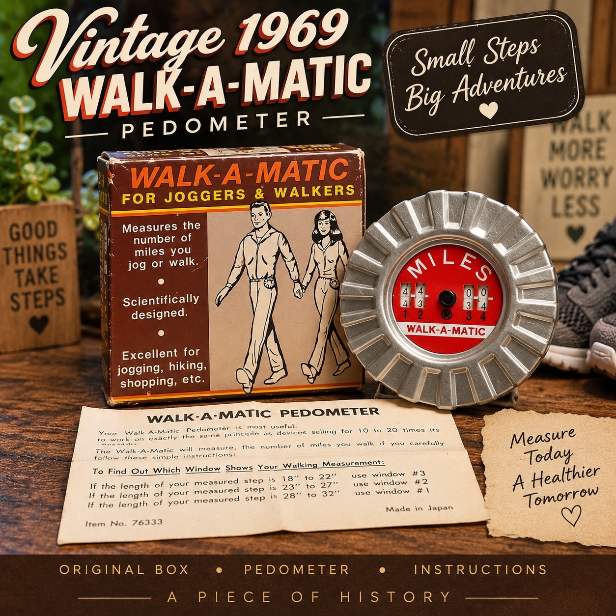 Vintage 1969 Walk-A-Matic Mechanical Pedometer Chadwick-Miller Japan Box Manual
