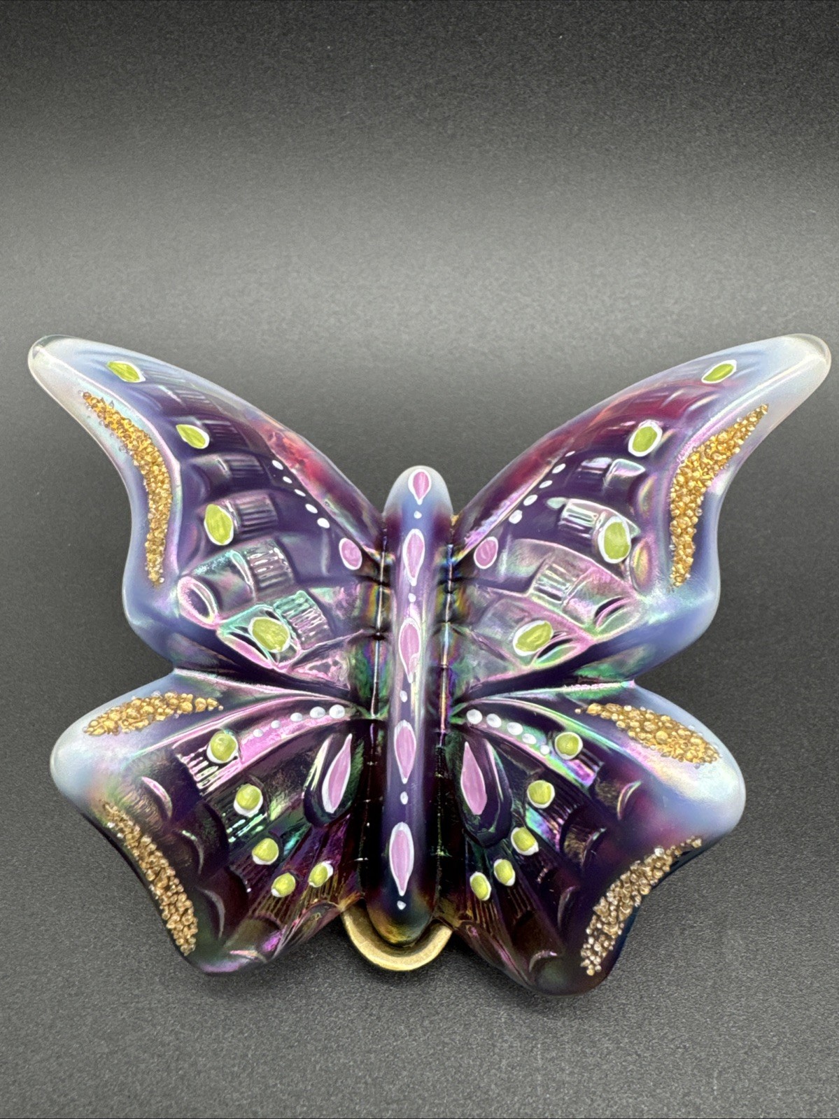 VTG Fenton Art Glass Purple Iridescent Opalescent Butterfly Brass Stand VTG Fenton Art Glass Purple Iridescent Opalescent Butterfly Brass Stand