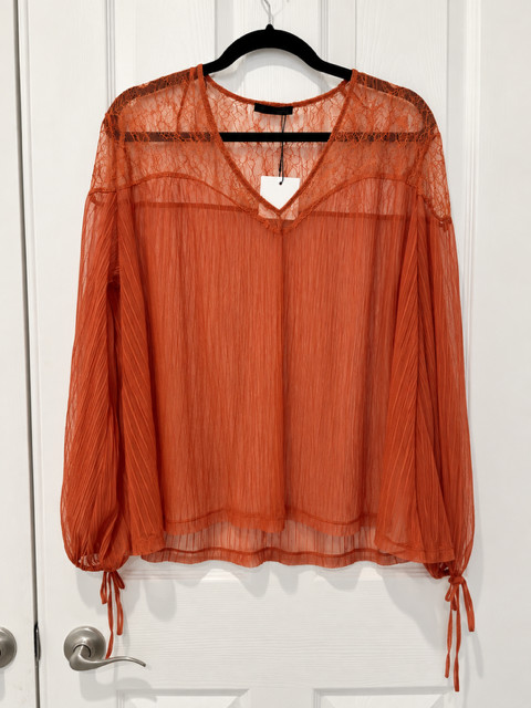 Zara Womens M Orange Sheer Lace Blouse Pleated Long Sleeve Tie Cuff Romantic NWT Zara Womens M Orange Sheer Lace Blouse Pleated Long Sleeve Tie Cuff Romantic NWT