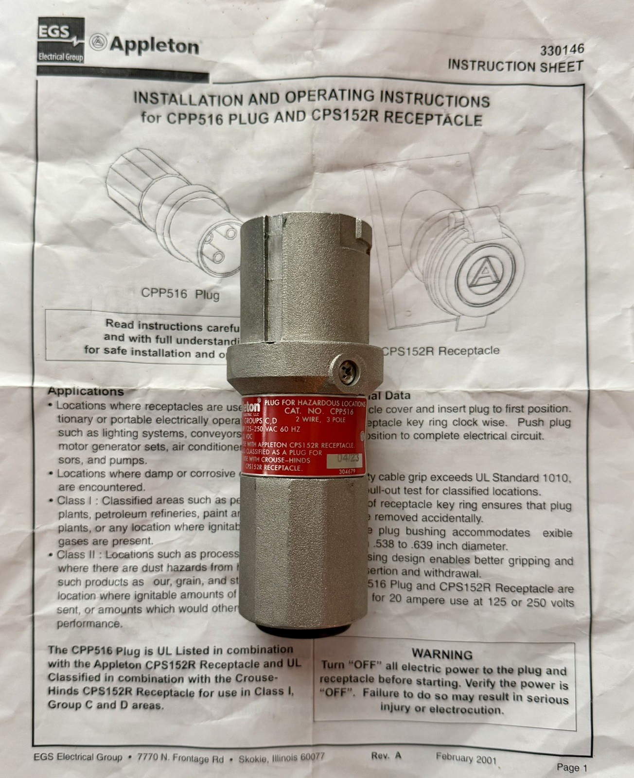 New Appleton Electric CPP516 Explosion proof pin & sleeve plug 20A / 125-250VAC