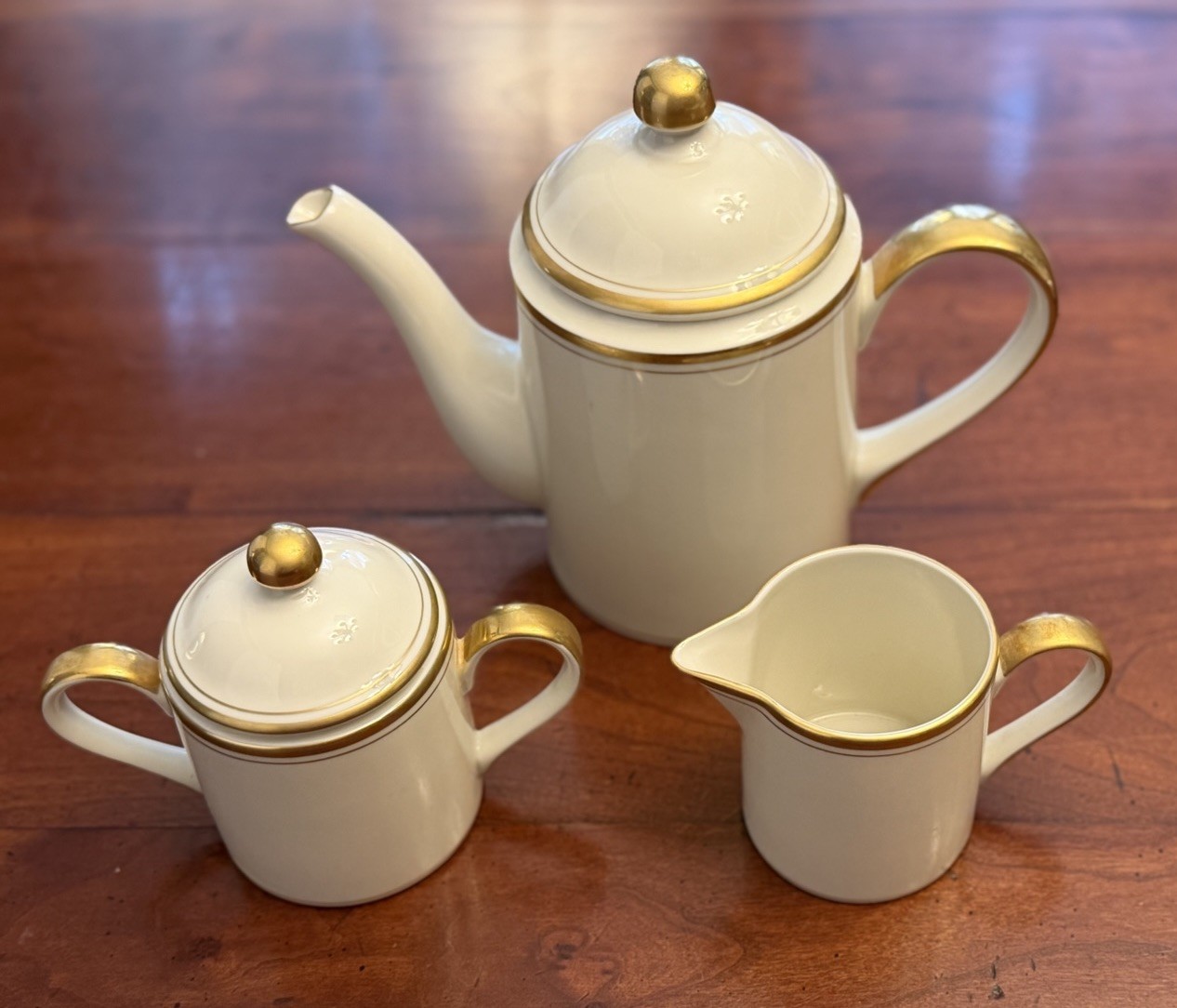 Vintage Fitz and Floyd Palais Buff Coffee Pot Creamer Sugar Bowl Set Gold Trim