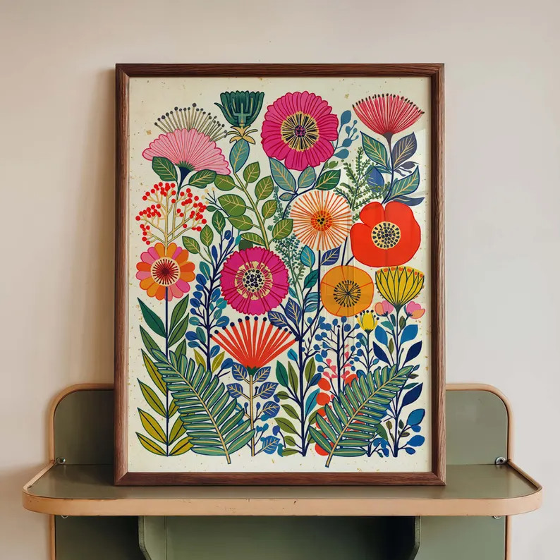 Scandinavian Floral Folk Art Poster Retro Botanical Maximalist Garden Wall Print