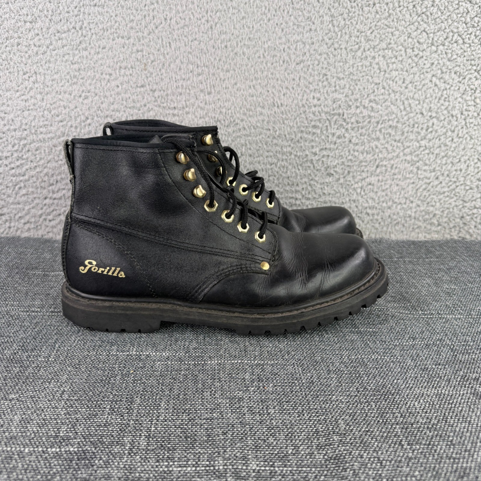Gorilla Work Boots Mens 9D Black Leather Commando Sole Brutally Strong Brass
