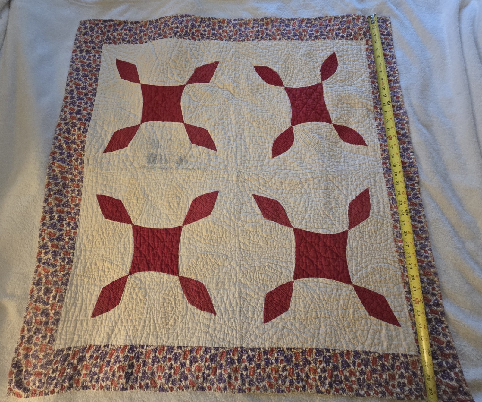 Vintage 1930s Turkey Tracks Crib Quilt 39x39 Red White Feedsack Hand Quilted