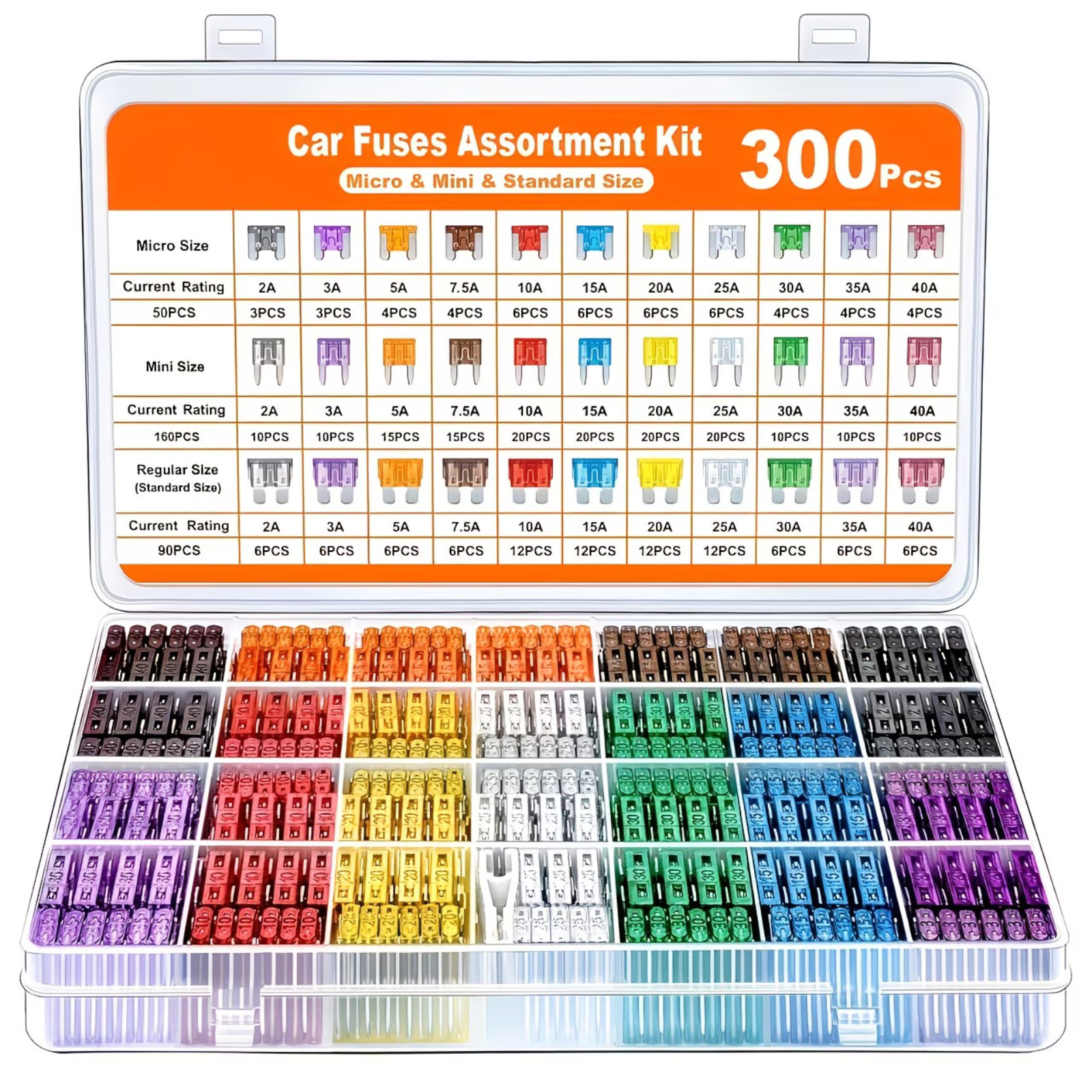 300Pcs Car Fuse Assortment Kit, 160 Mini + 90 Standard + 50 Micro Blade Fuses