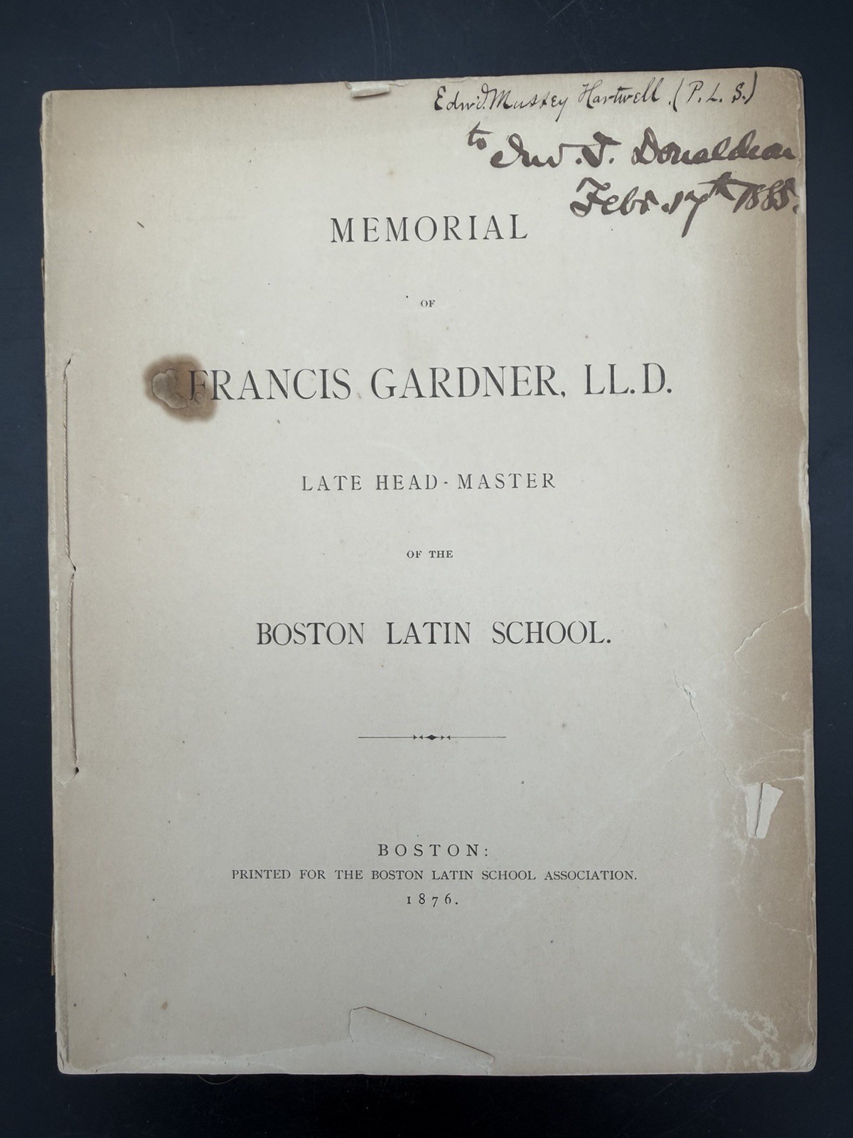 1876 Memorial Francis Gardner Boston Latin School Inscribed Hartwell