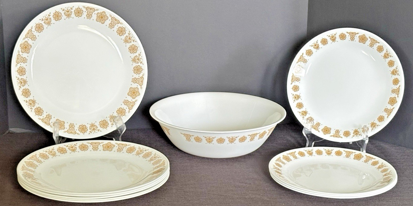 Corelle Butterfly Gold - Dinner, Salad/Luncheon Plates, Serving Bowl-1970s-11-Pc