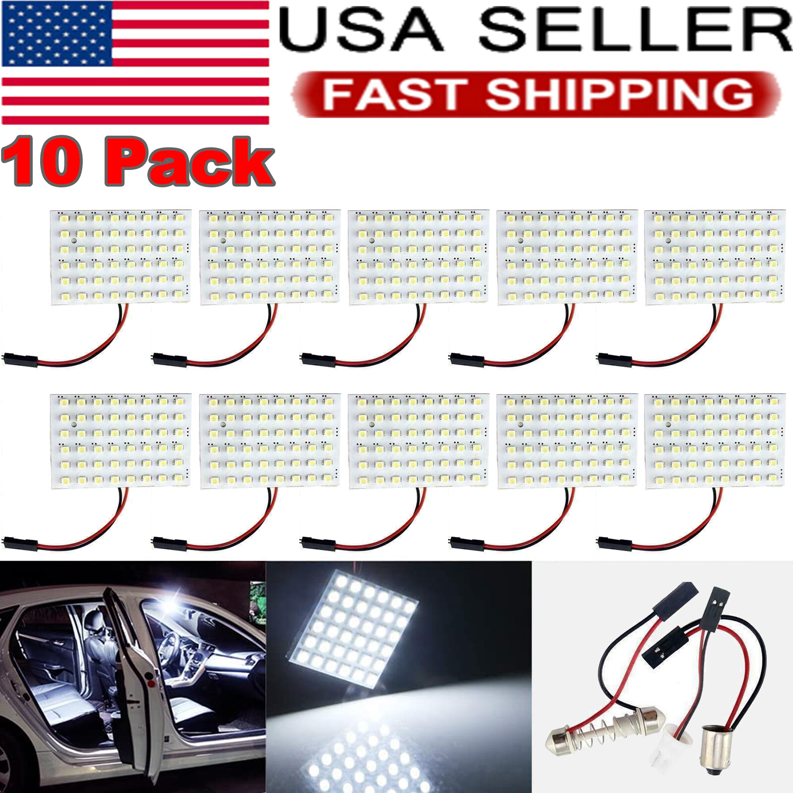 10 pcs 48SMD COB LED T10 BA9S Car Interior Panel Light White Dome Map Lamp Bulbs