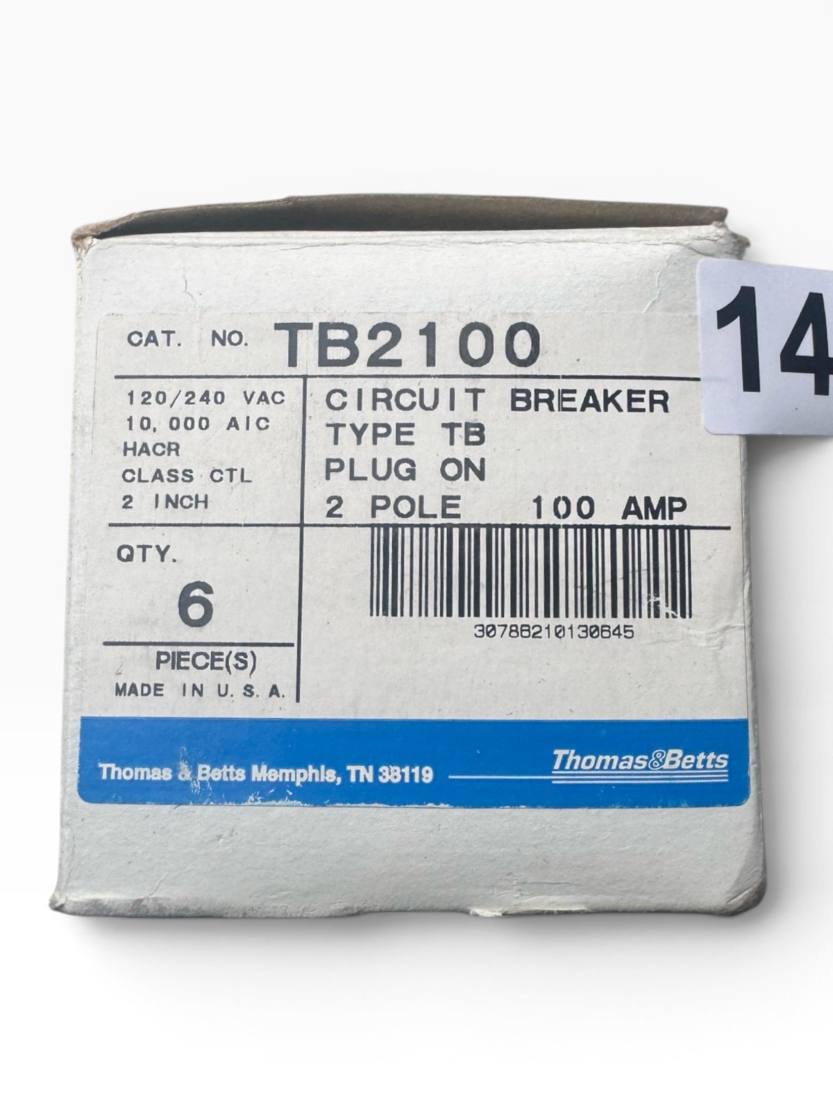 1PC Thomas & Betts TB2100 100A 2-Pole 120/240V TB Series Plug-In Circuit Breaker 1PC Thomas & Betts TB2100 100A 2-Pole 120/240V TB Series Plug-In Circuit Breaker
