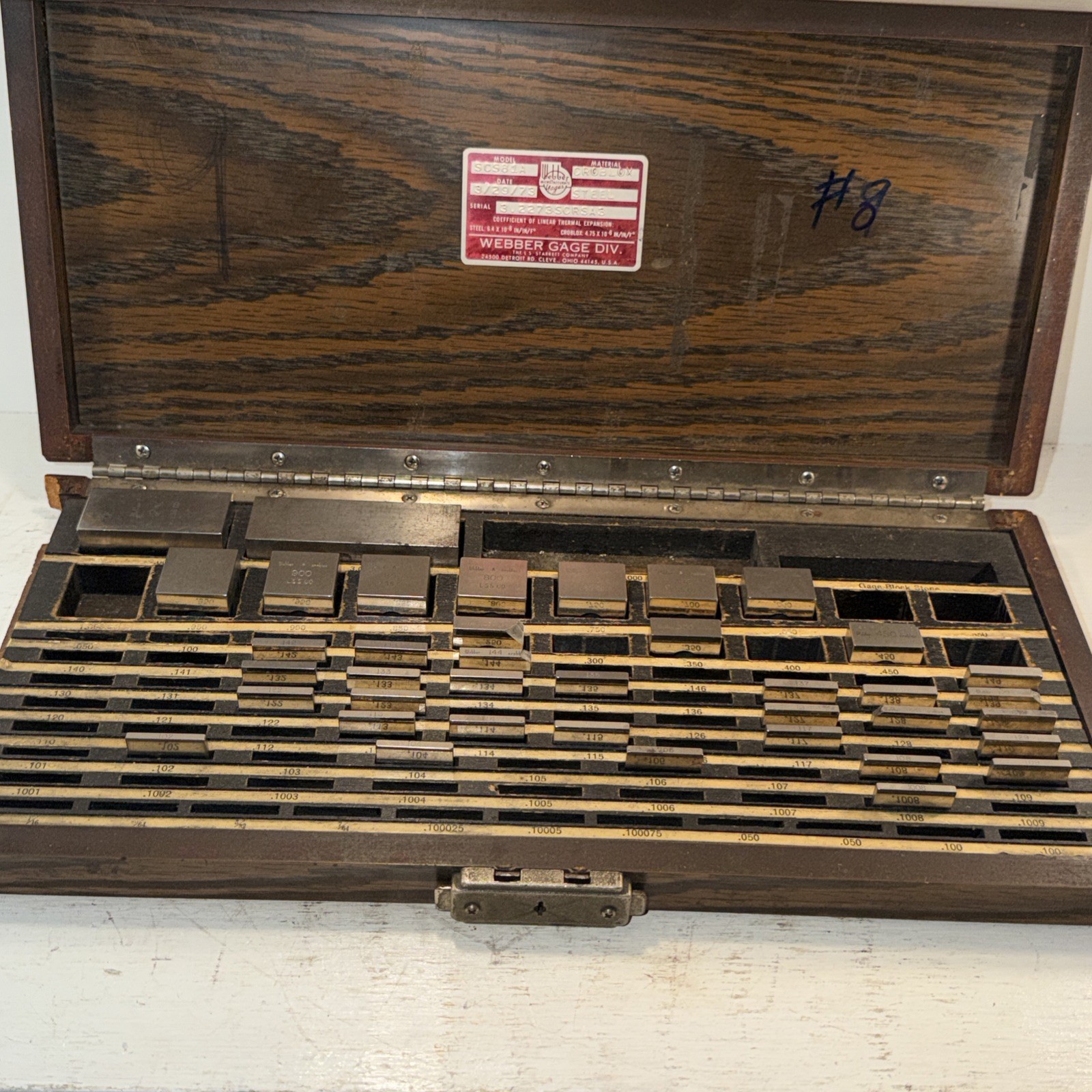 Vintage Starrett Webber Model SCS81A Grade 3-2 Gage Block Set 39 Pieces 4/29/73 Vintage Starrett Webber Model SCS81A Grade 3-2 Gage Block Set 39 Pieces 4/29/73