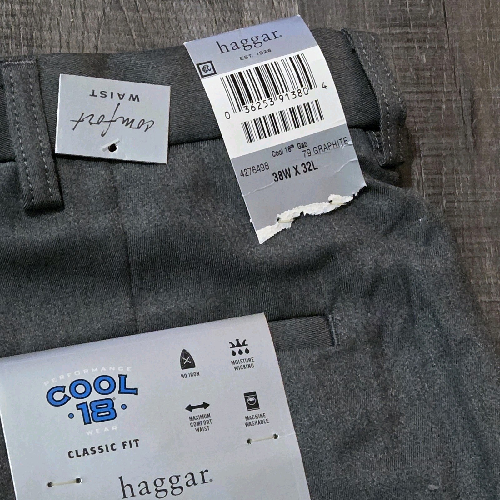 NWT New HAGGAR Men\'s Gray 38 X 32 Cool 18 Pants Graphite Comfort Waist Flat