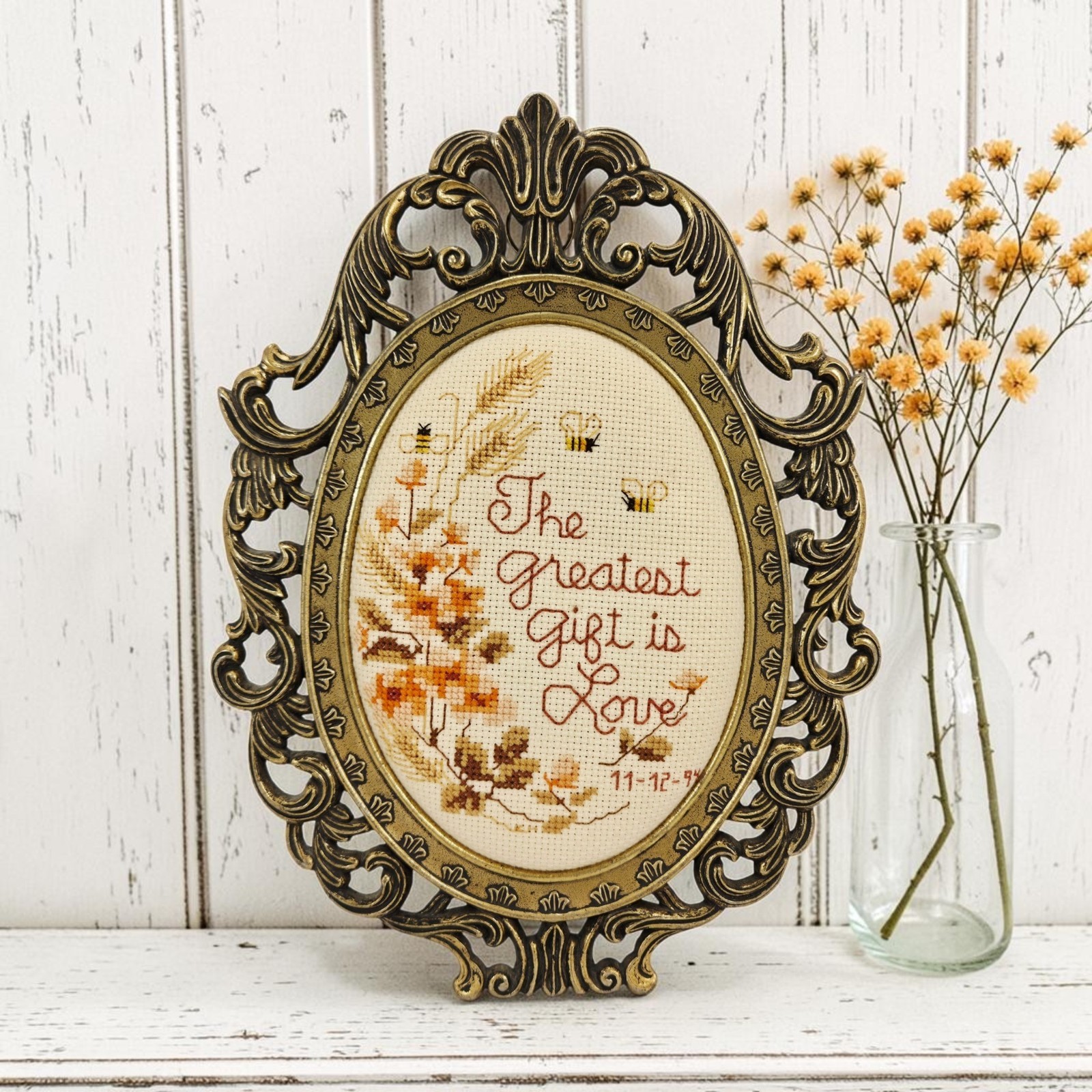 VTG Ornate Oval Gold Framed Cross Stitch Wall Hanging Bees Greatest Gift Is Love VTG Ornate Oval Gold Framed Cross Stitch Wall Hanging Bees Greatest Gift Is Love