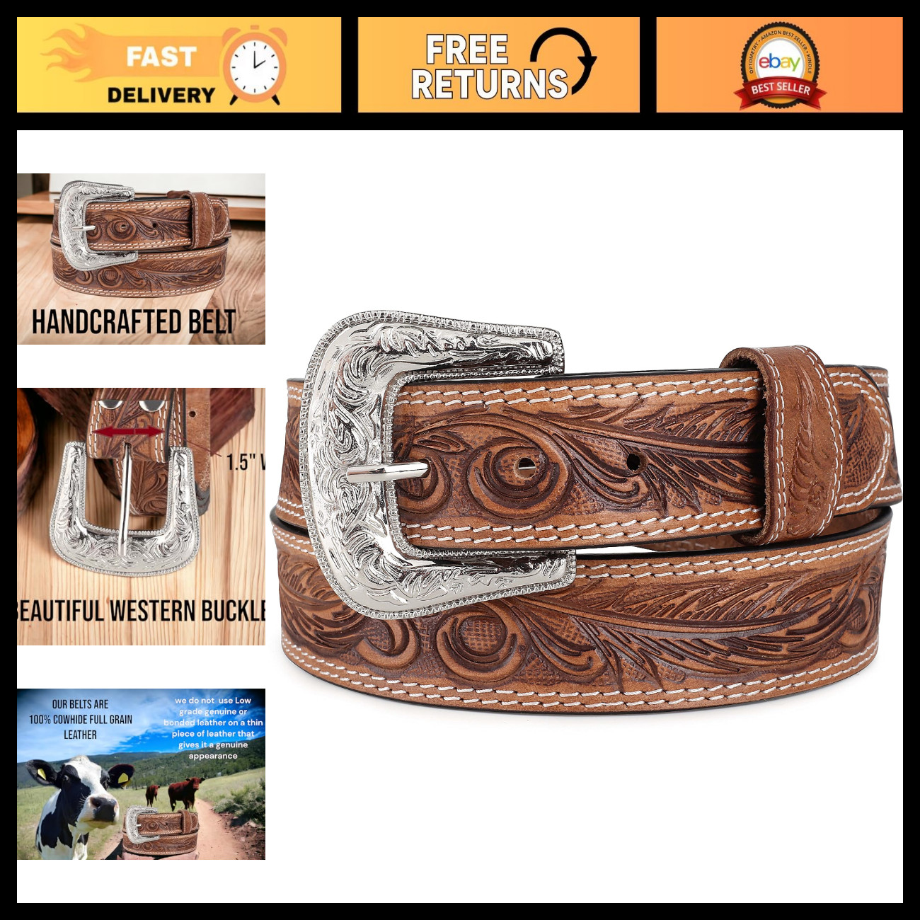 Men\'s Western Full Grain Leather Belt Strap with Snaps for Interchangeable Buckl