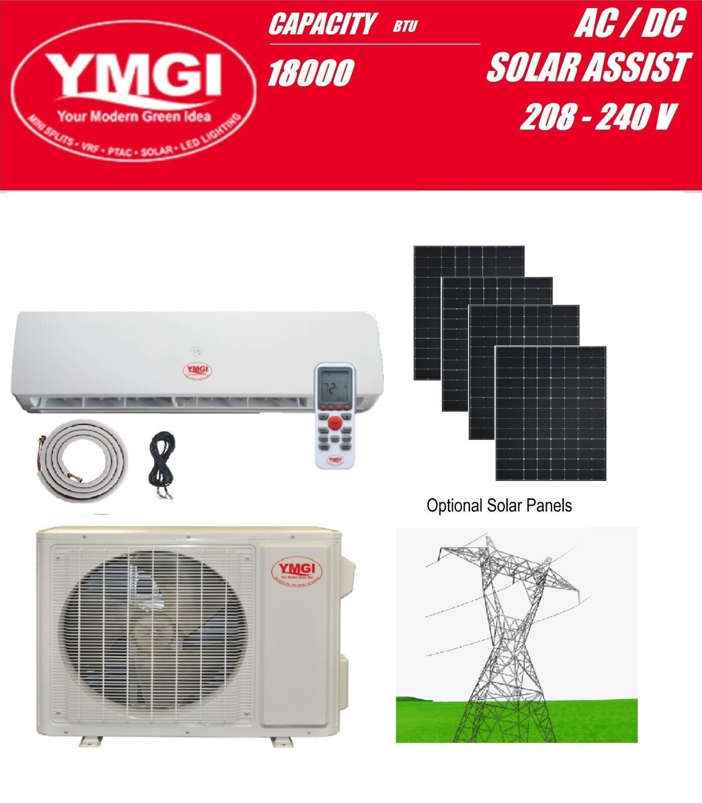 Solar Hybrid Ductless Mini Split Air Conditioner 18000 BTU Heat pump YMGI KJH