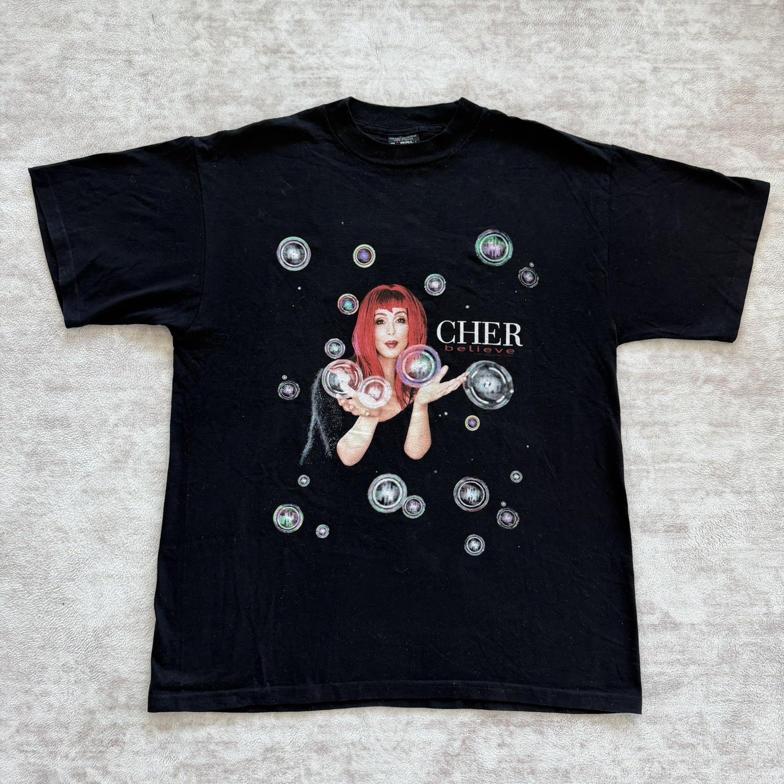 Vintage 1998 Cher Believe Tour Bubbles Black Concert Tee 90s Band T Shirt Size L