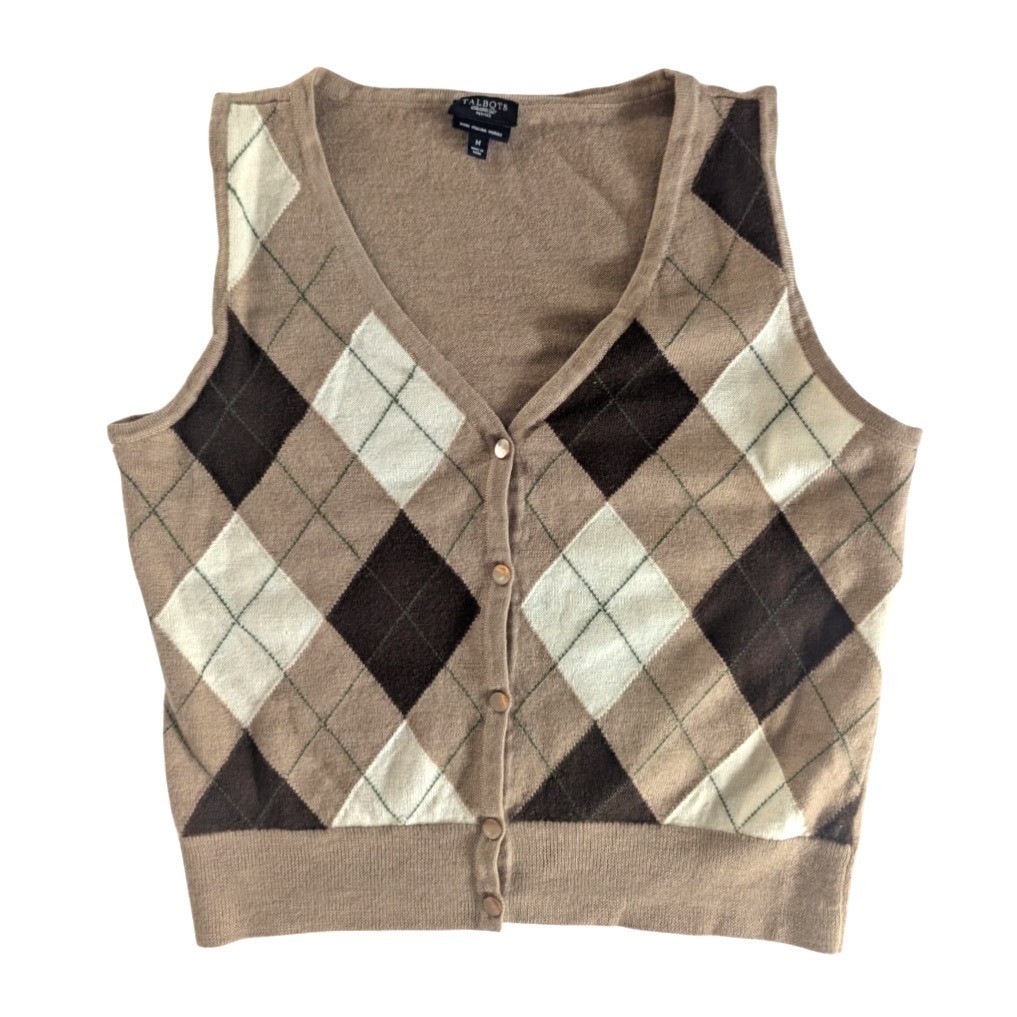 TALBOTS Brown/Cream ARGYLE SWEATER VEST Italian Merino Wool Cardigan PL L-P LP TALBOTS Brown/Cream ARGYLE SWEATER VEST Italian Merino Wool Cardigan PL L-P LP