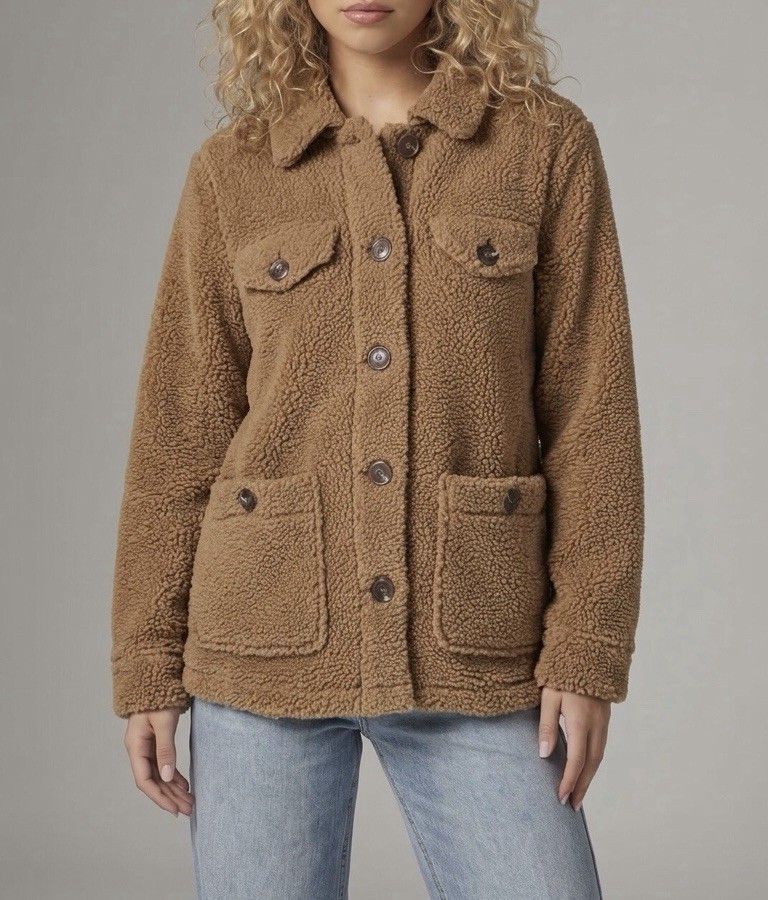 NWT Talbots Women’s Size PM Tan Polyester Button Up Sherpa Jacket NWT Talbots Women’s Size PM Tan Polyester Button Up Sherpa Jacket