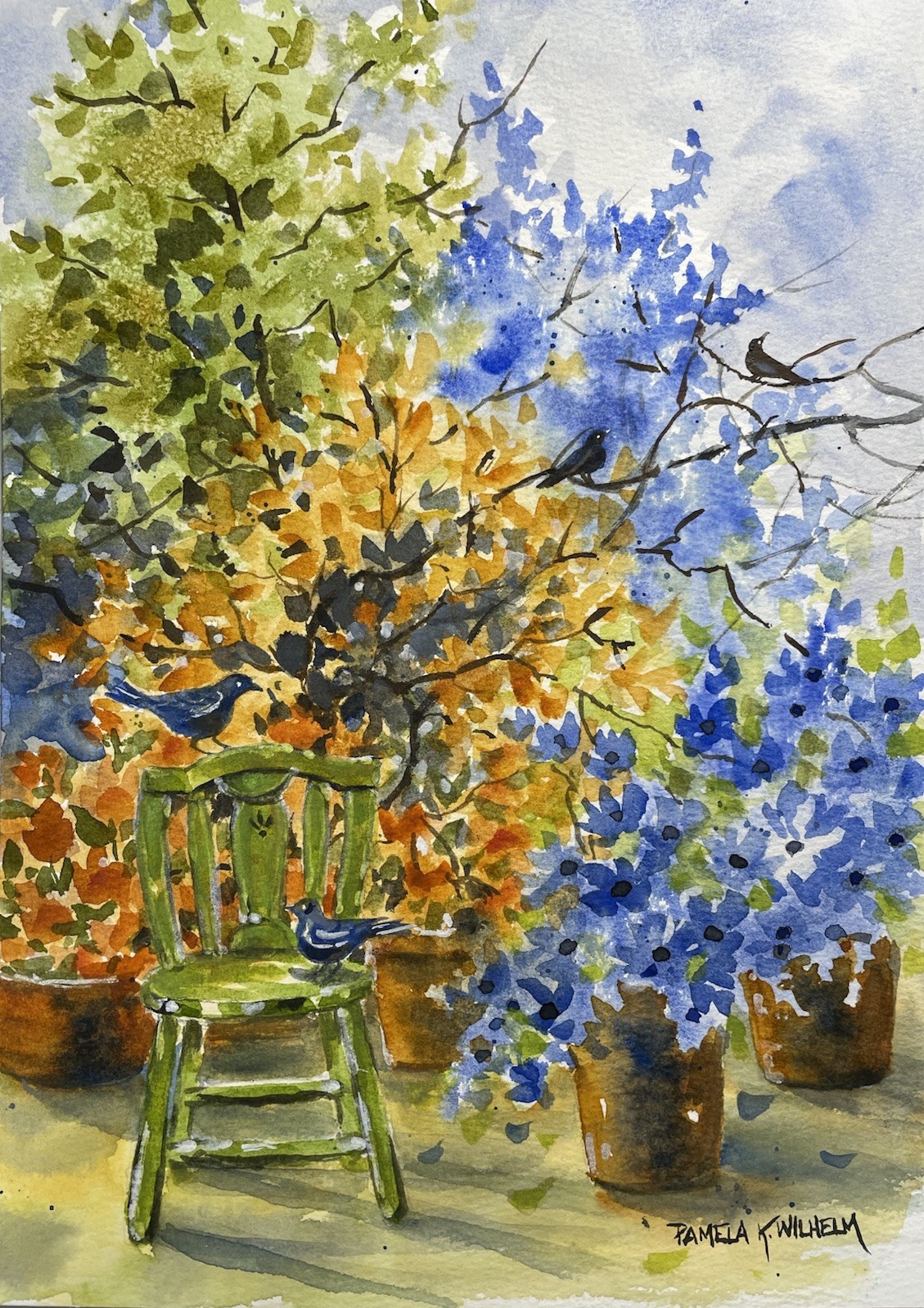 8”x12” Original Pamela Wilhelm Ink & Watercolor Green Chair Garden Tree Floral 8”x12” Original Pamela Wilhelm Ink & Watercolor Green Chair Garden Tree Floral