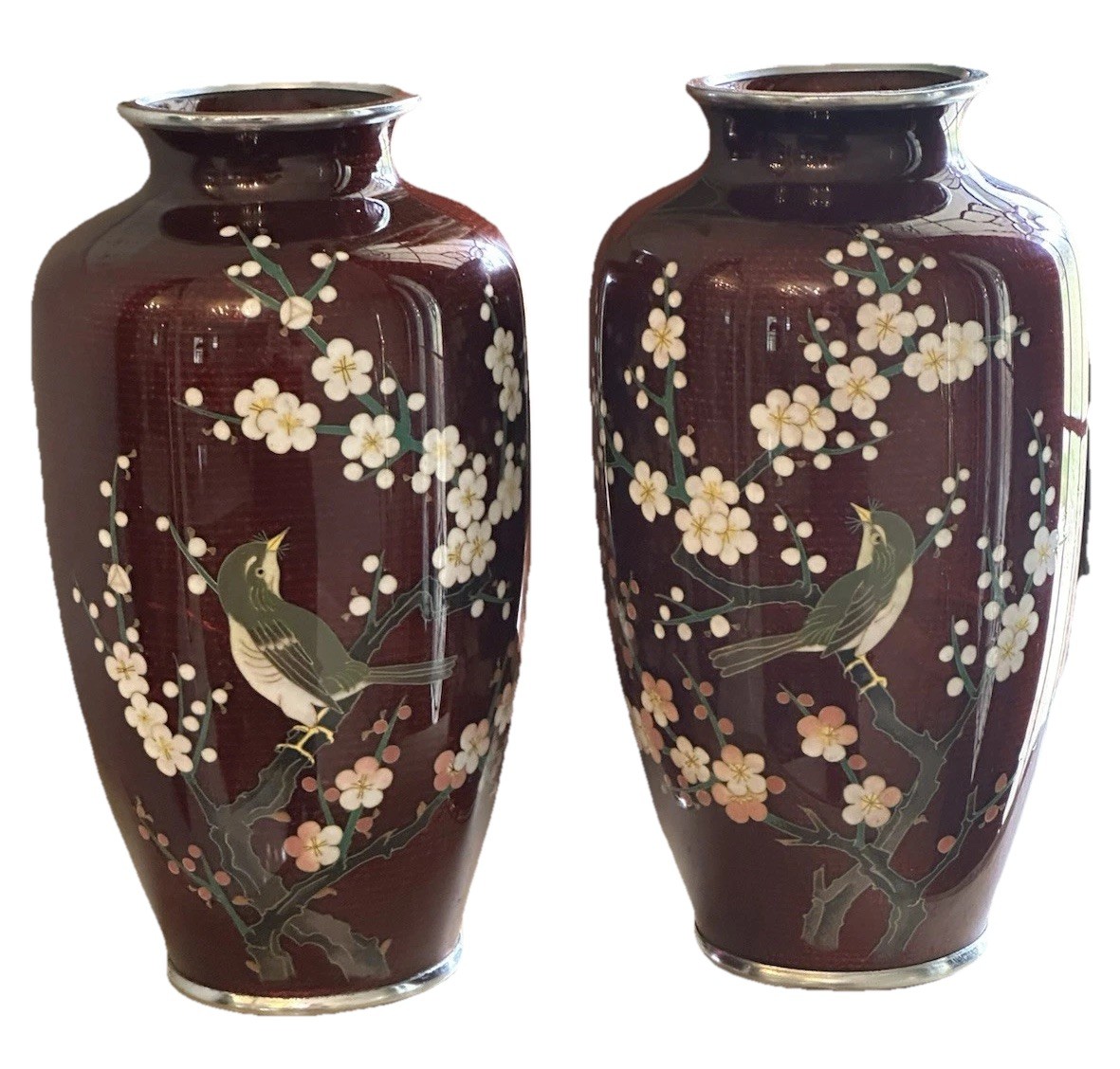 Antique 2 Japanese Ginbari Akasuke Foil Cloisonne Enamel Pigeon Blood Vases Bird Antique 2 Japanese Ginbari Akasuke Foil Cloisonne Enamel Pigeon Blood Vases Bird