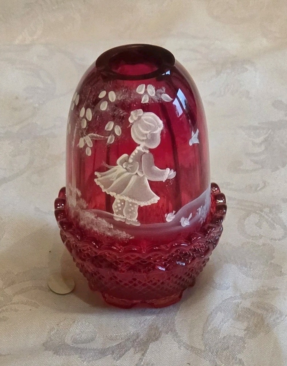 Fenton Red Mary Gregory Style Fairy Lamp Nancy Fenton & Artist Signed