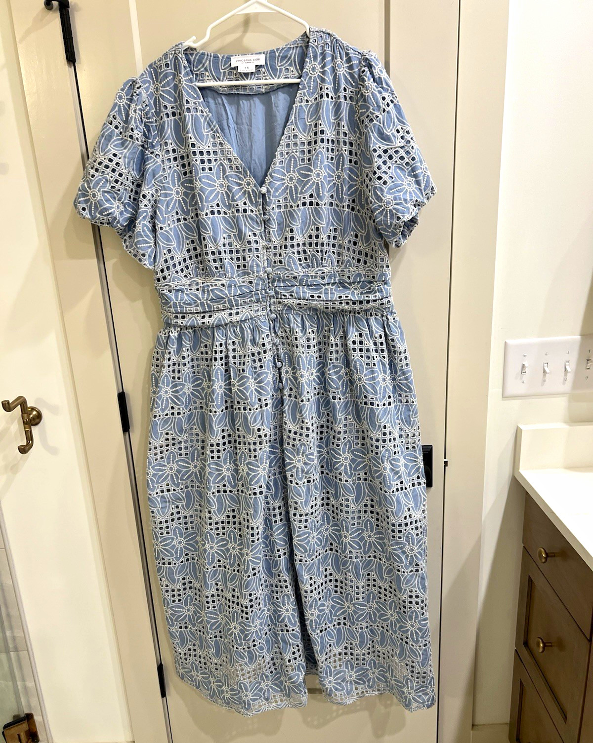 Chic Soul Blue A-Line Dress 3X Plus V-Neck Puff Sleeve Embroidered Midi Chic Soul Blue A-Line Dress 3X Plus V-Neck Puff Sleeve Embroidered Midi