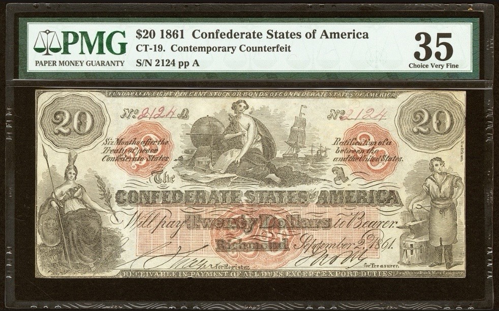 CT-19 $20 1861 Confederate States Civil War, Contemporary Counterfeit Note, PMG