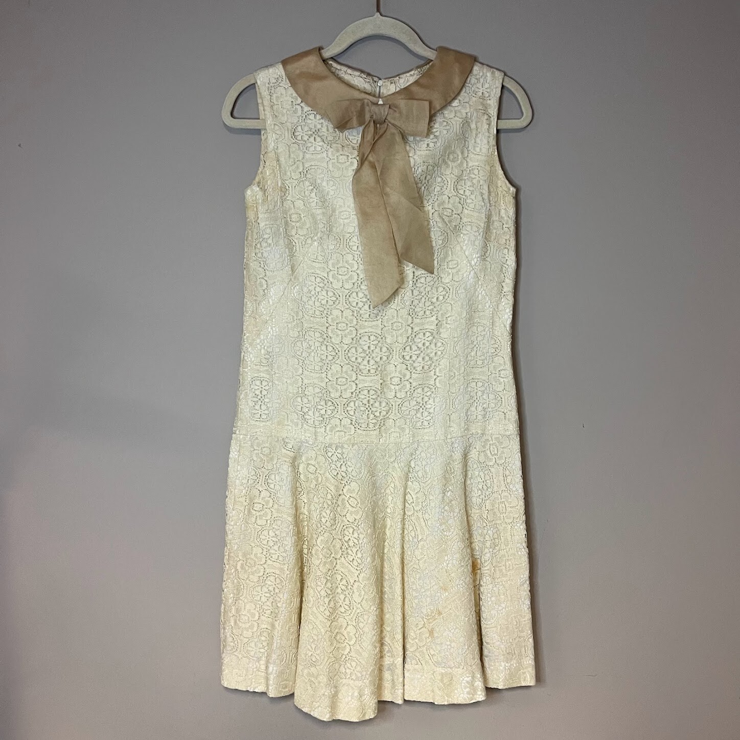 VTG Lace Overlay Peter Pan Bow Neck Dress Drop Waist Ivory Cream 20s 30s 40s M?