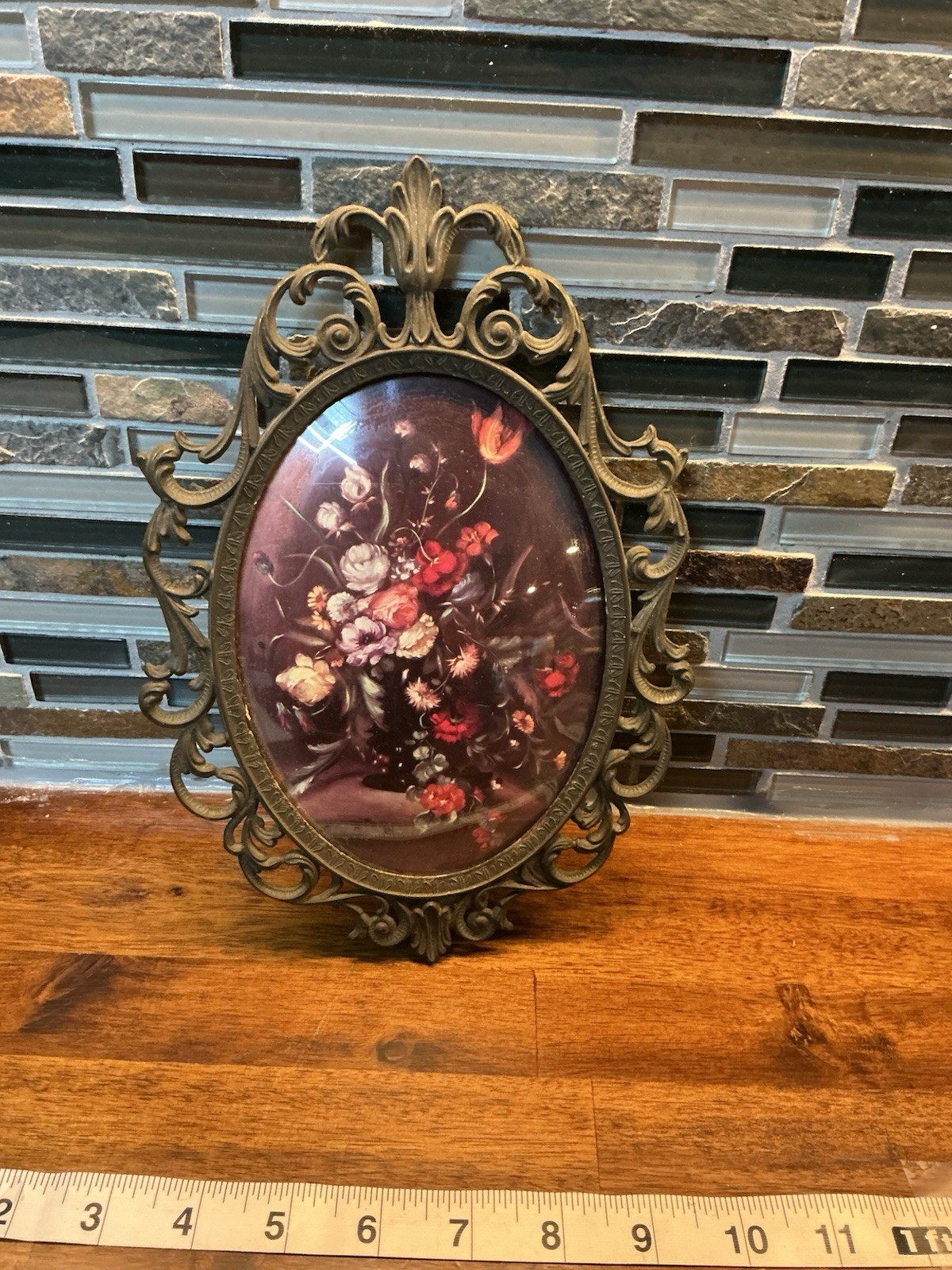 Vintage Italian Floral Wall Art Convex Bubble Glass Ornate Brass Frame Vintage Italian Floral Wall Art Convex Bubble Glass Ornate Brass Frame