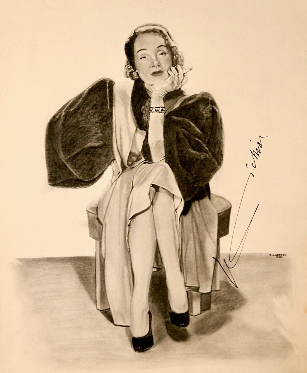 Star/Subject / ORIGINAL DRAWING MARLENE DIETRICH / SIGNED / ARTIST DOROTHY 1954