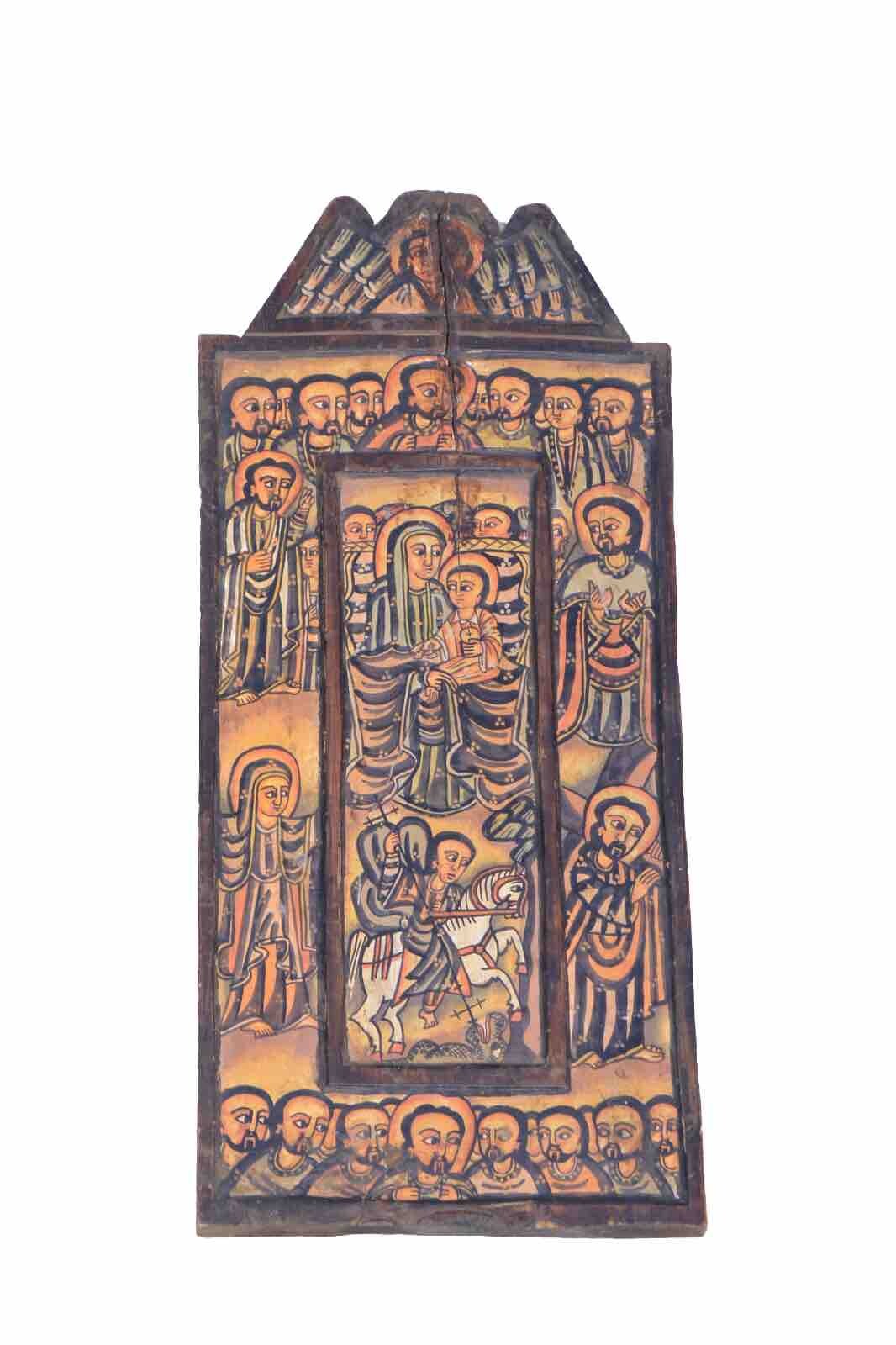 Antique Ethiopian Orthodox Coptic Wood Icon Altar Painted Biblical Paintings Antique Ethiopian Orthodox Coptic Wood Icon Altar Painted Biblical Paintings