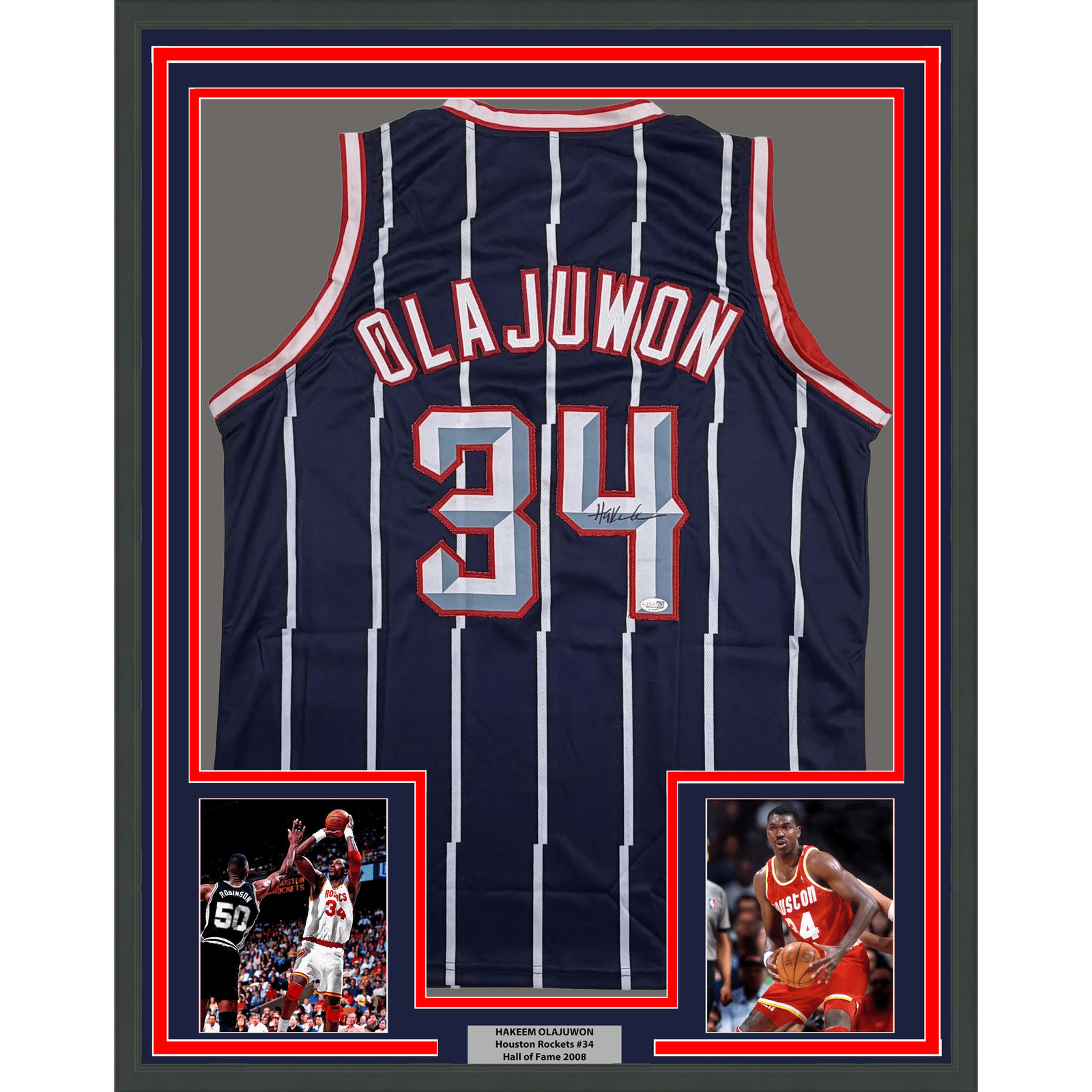 Framed Autographed/Signed Hakeem Olajuwon 35x39 Houston Blue Jersey JSA COA Framed Autographed/Signed Hakeem Olajuwon 35x39 Houston Blue Jersey JSA COA