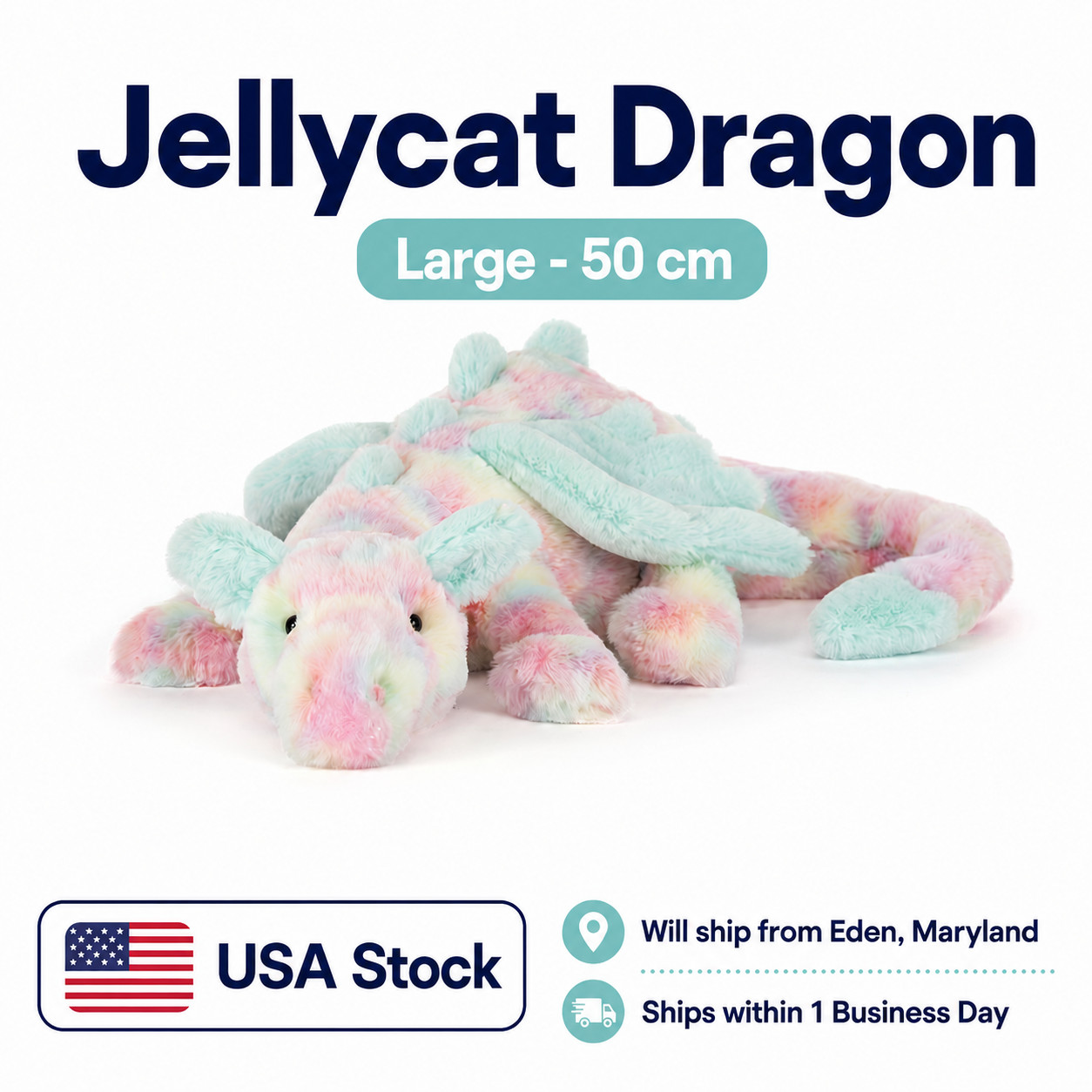 Jellycat Lazulia (Rainbow) Dragon (50cm) - New With Tags - Fast Shipping Jellycat Lazulia (Rainbow) Dragon (50cm) - New With Tags - Fast Shipping