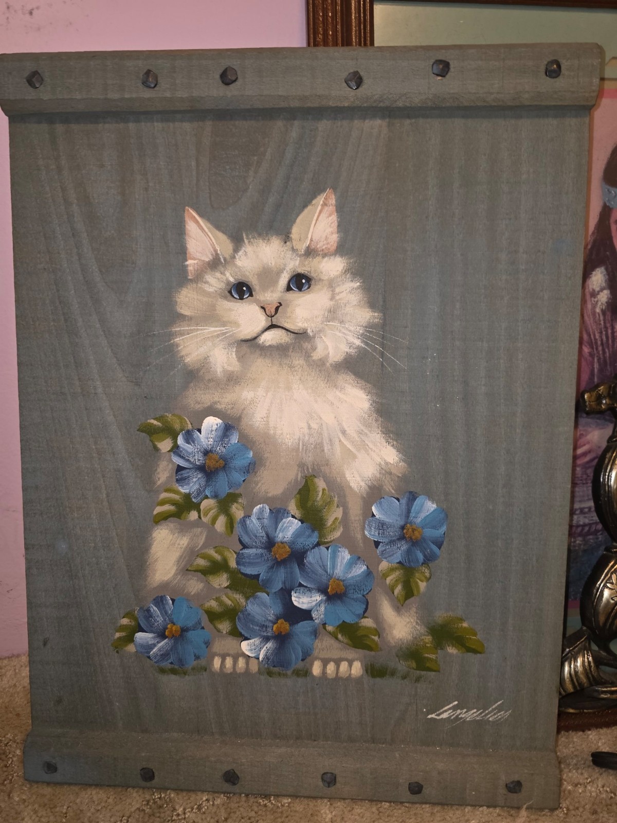 Vintage Hand-Painted Wooden Cat Wall Plaque — Signed, Folk Art Vintage Hand-Painted Wooden Cat Wall Plaque — Signed, Folk Art