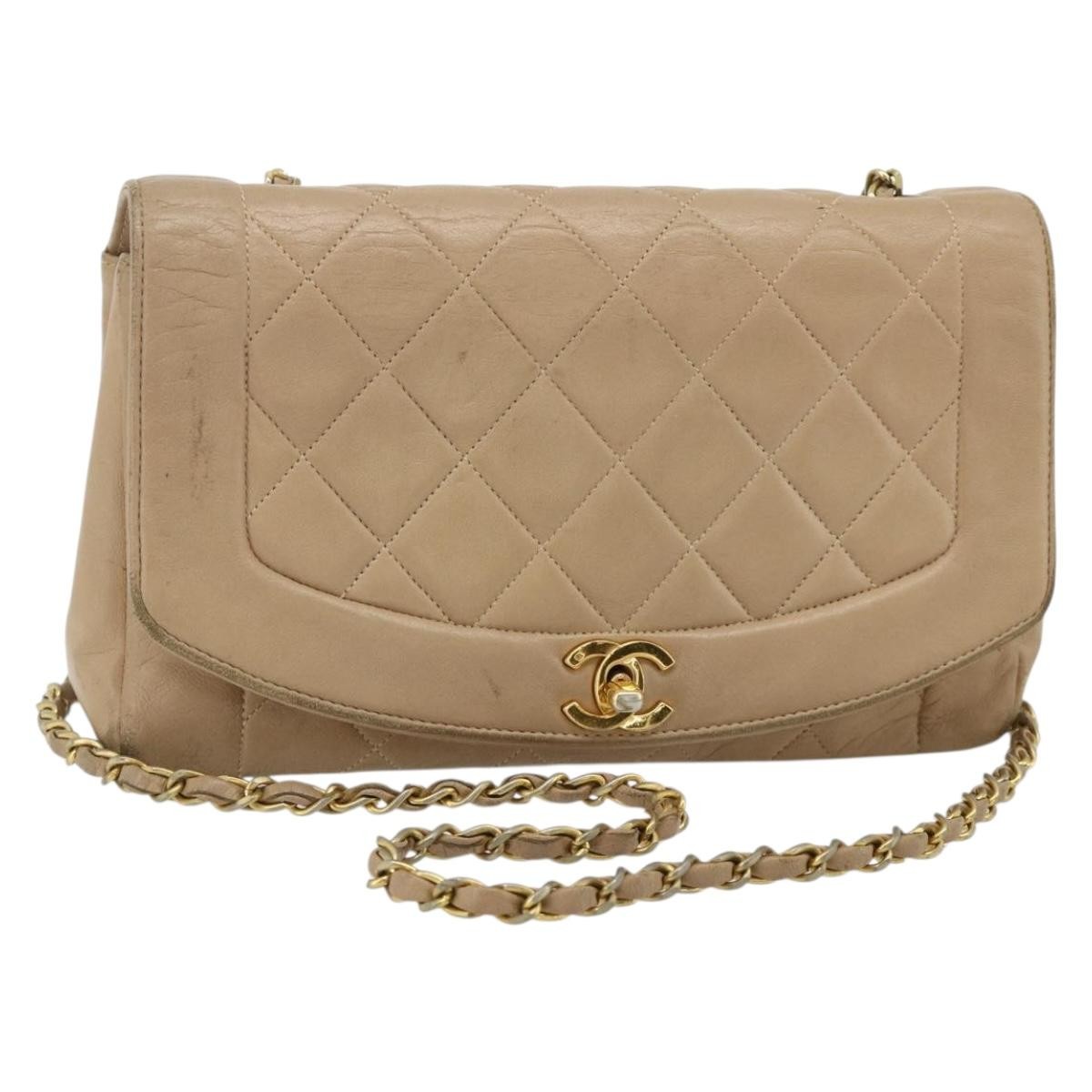 CHANEL Matelasse Chain Shoulder Bag Lamb Skin Beige Gold CC Auth 179717A