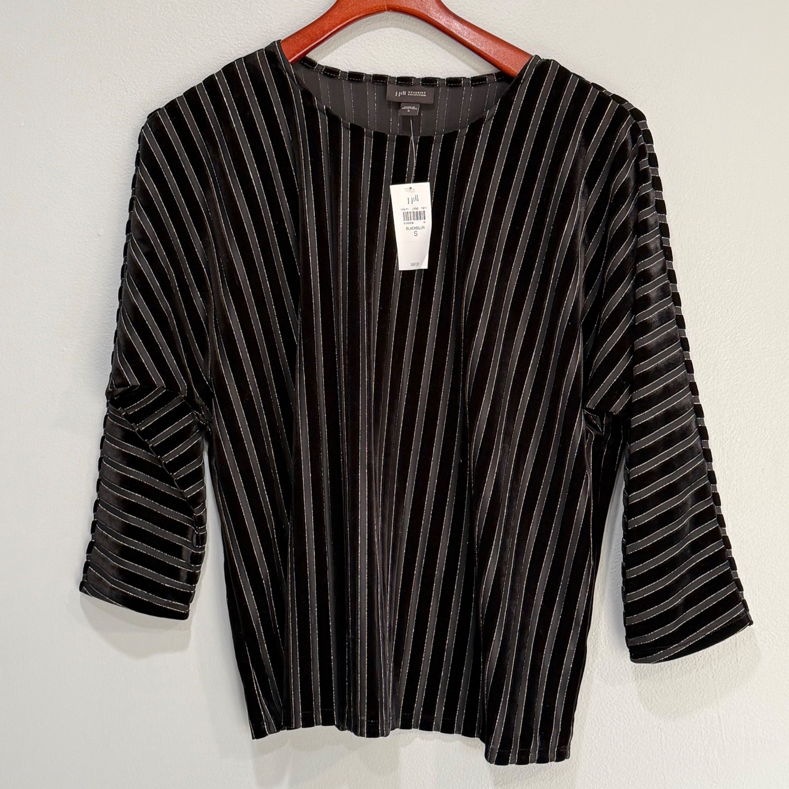 J. Jill Weathervane Black Silver Metallic Stripe Velvet Top 3/4 Sleeve Small NWT