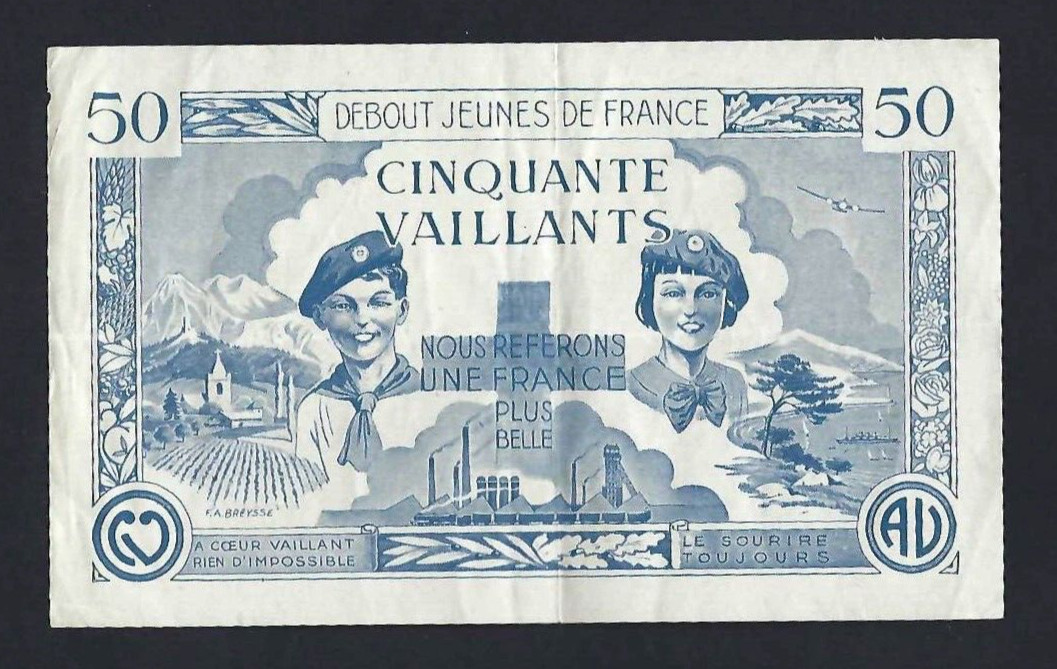 🇫🇷 FRANCE-BILLET ADVERTISING JEUNES DE FRANCE 50 VAILLANTS ADVERTISING NOTE