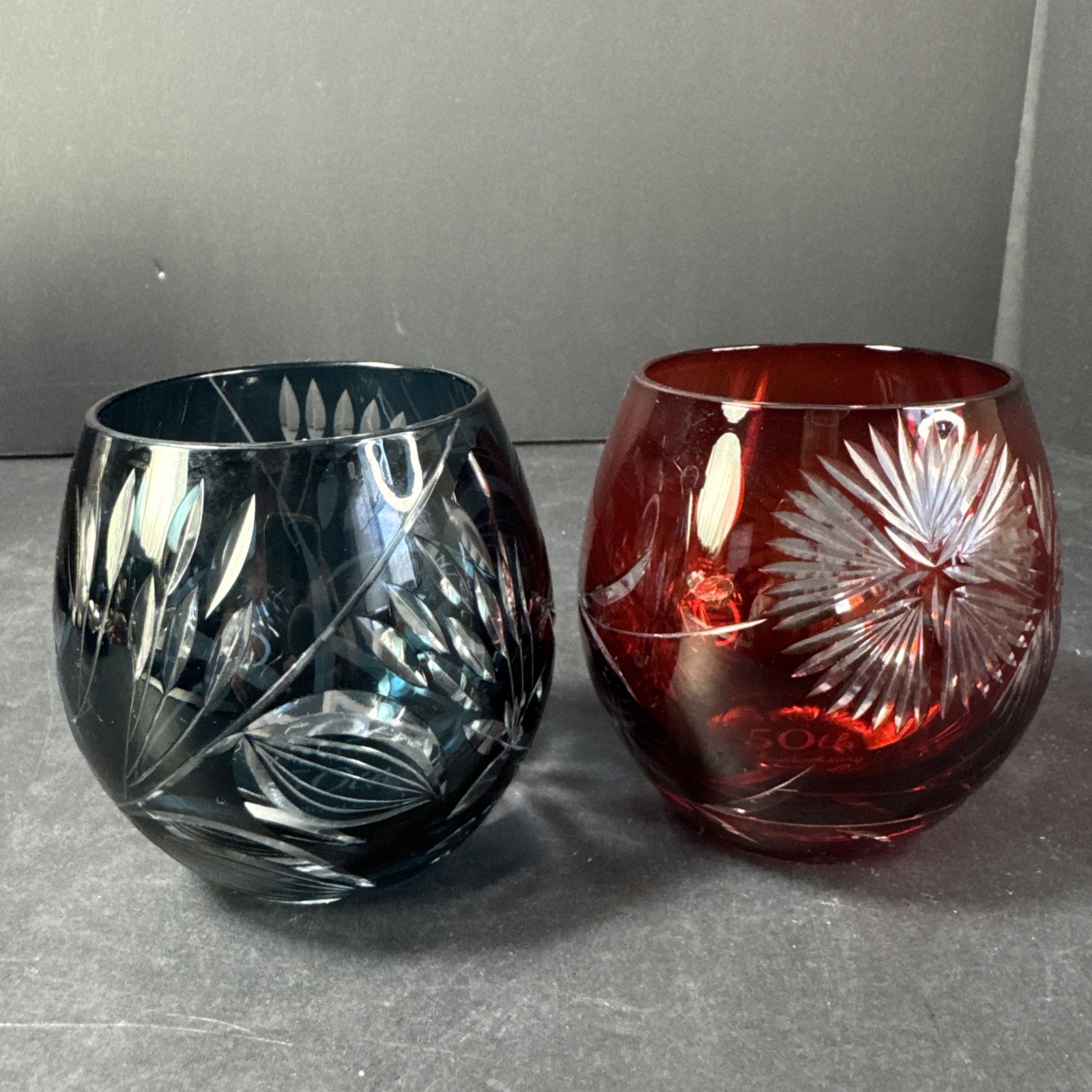Toyo Sasaki Kiriko Cut Glass Tumbler Set Red & Blue SEUSA 50th Anniversary 2pc