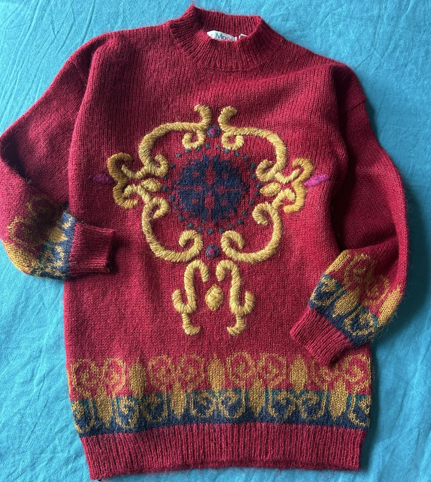 Vintage 90s Le Moda Mohair Blend Sweater Baroque Embroidered Grunge Campus MED