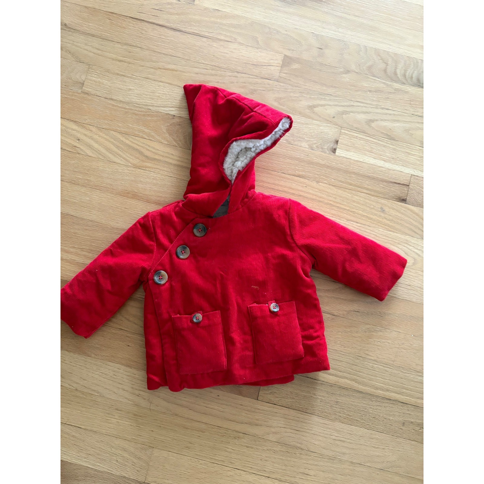 Hanna Andersson Red Corduroy Hooded Jacket Asymmetrical Button 3-6 Months Hanna Andersson Red Corduroy Hooded Jacket Asymmetrical Button 3-6 Months