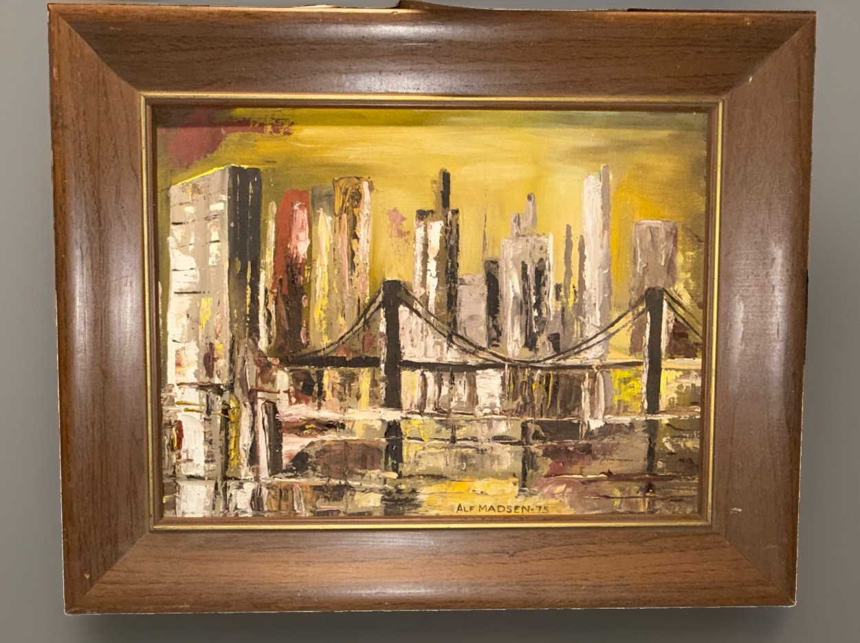 Vintage 1975 Alfred Tutt Madsen Brooklyn Bridge NY Skyline Oil Painting Framed