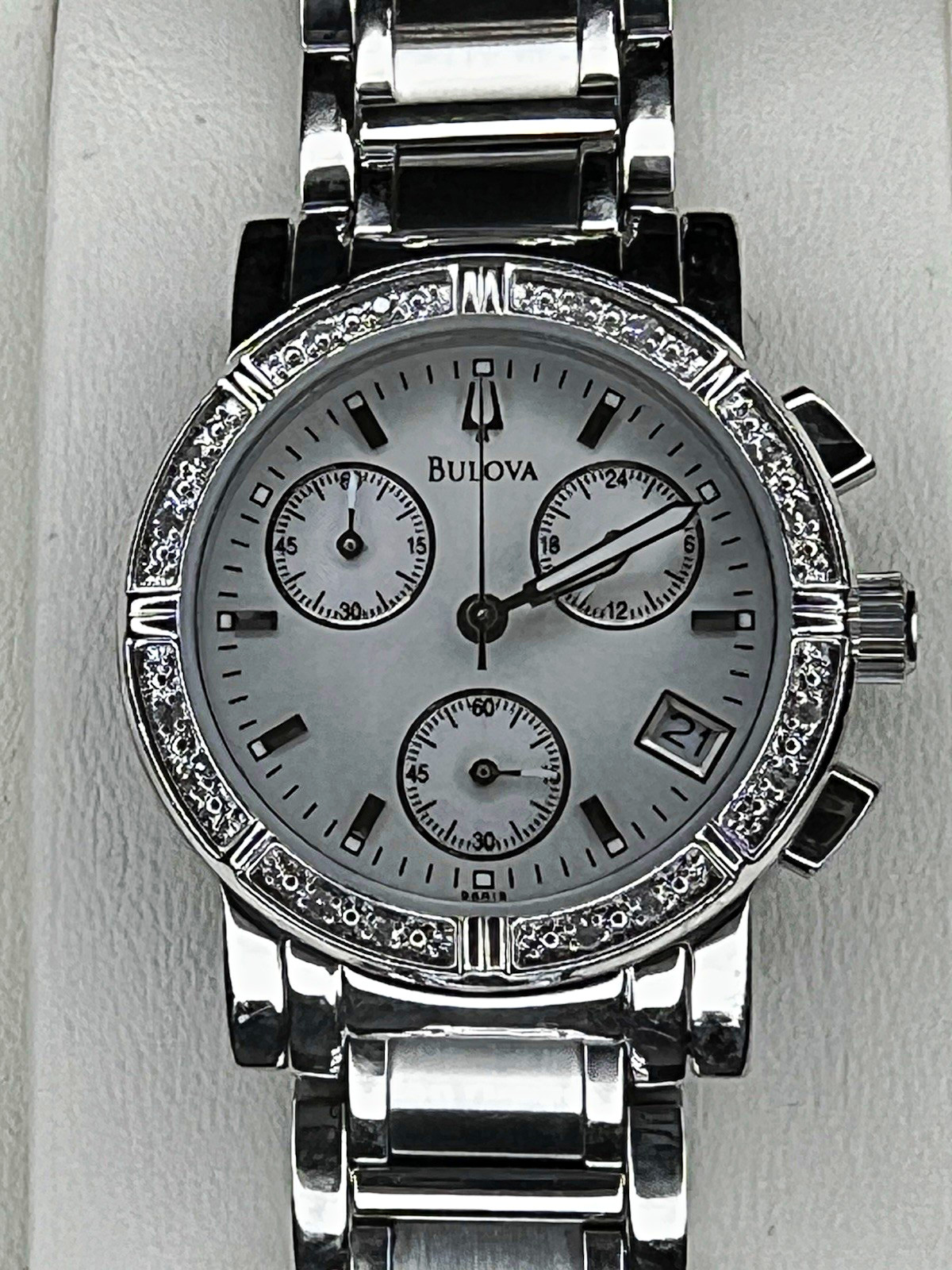 Bulova Diamond Bezel Women’s Mother of Pearl Dial Chronograph/Date Quartz Watch Bulova Diamond Bezel Women’s Mother of Pearl Dial Chronograph/Date Quartz Watch