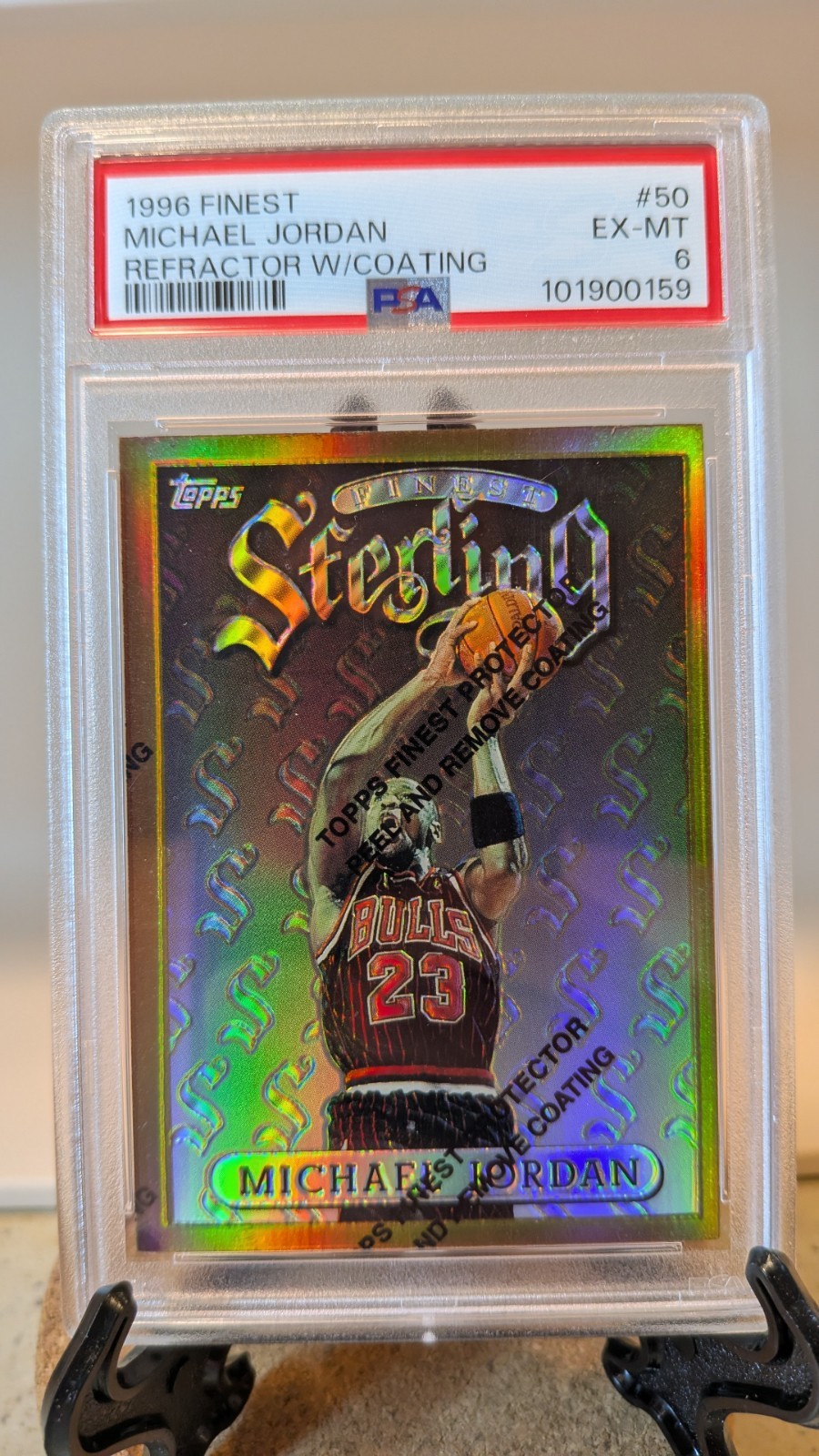 MICHAEL JORDAN 1996-97 TOPPS FINEST BRONZE REFRACTOR PSA 6 CARD #50 W/ PEEL MICHAEL JORDAN 1996-97 TOPPS FINEST BRONZE REFRACTOR PSA 6 CARD #50 W/ PEEL