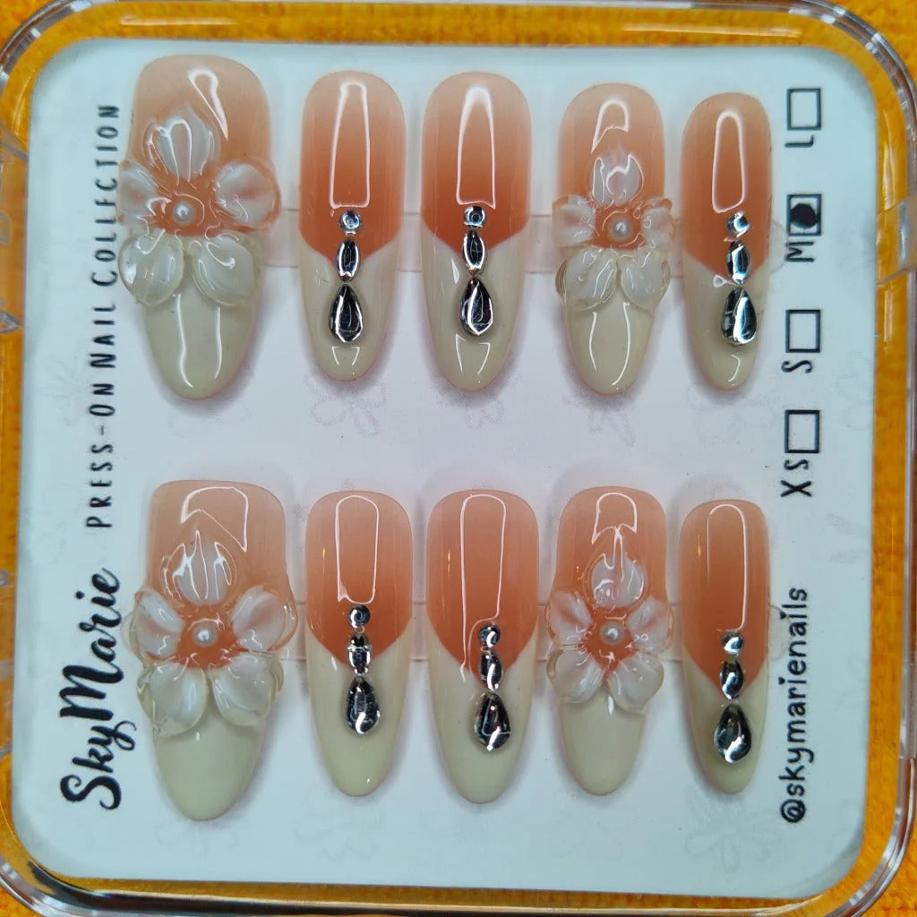 Handmade Peach Ombre French Tip Press-On Nails with 3D Flowers, Pearl & Dangle Handmade Peach Ombre French Tip Press-On Nails with 3D Flowers, Pearl & Dangle