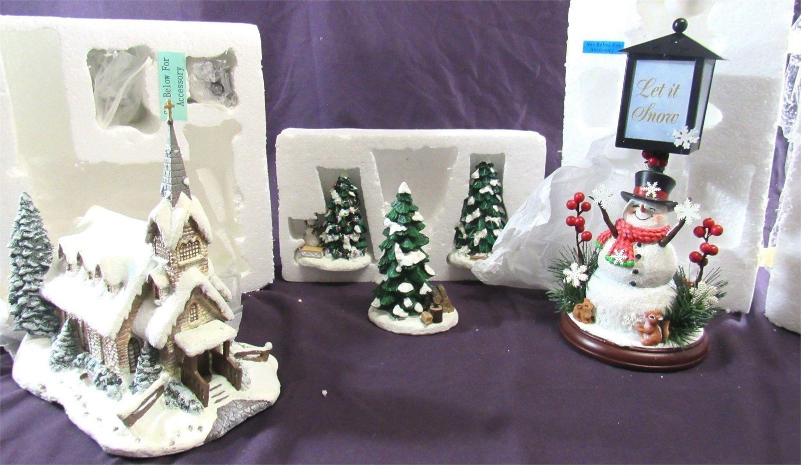 Thomas Kinkade Hawthorne Village Christmas NOS Church Trees Snowman Working Thomas Kinkade Hawthorne Village Christmas NOS Church Trees Snowman Working