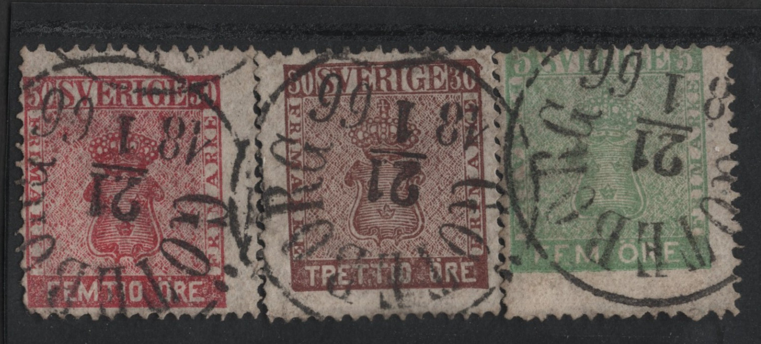 Sweden 1858-1862 Scott #6, 11, 12 Used Showing Neat Cancels